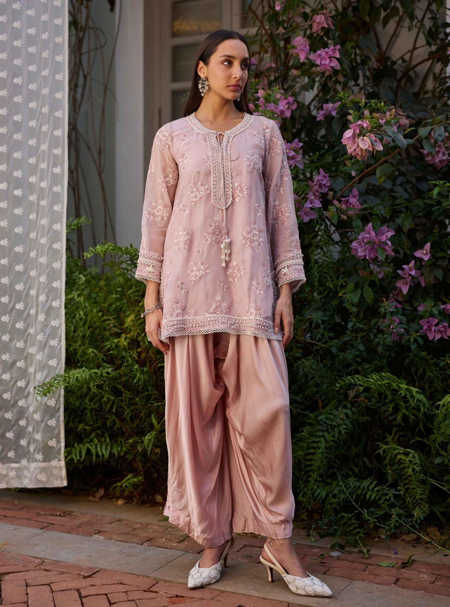 Zeni Organza Dusty Pink Kurta With Draped Cupro Pants