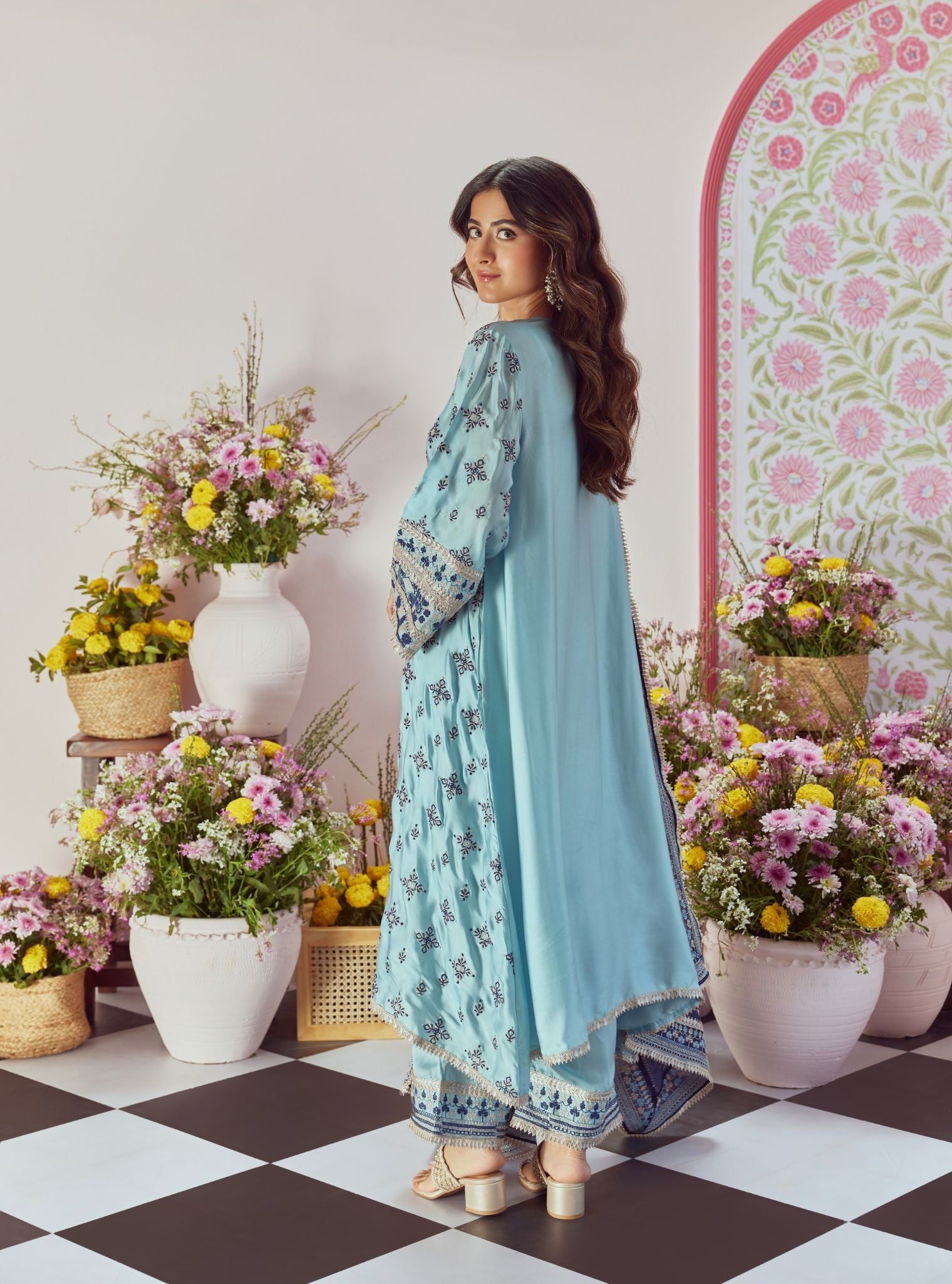 Mulmul Cupro Satin Anni Blue Kurta With Mulmul Cupro Satin Anni Blue Pant