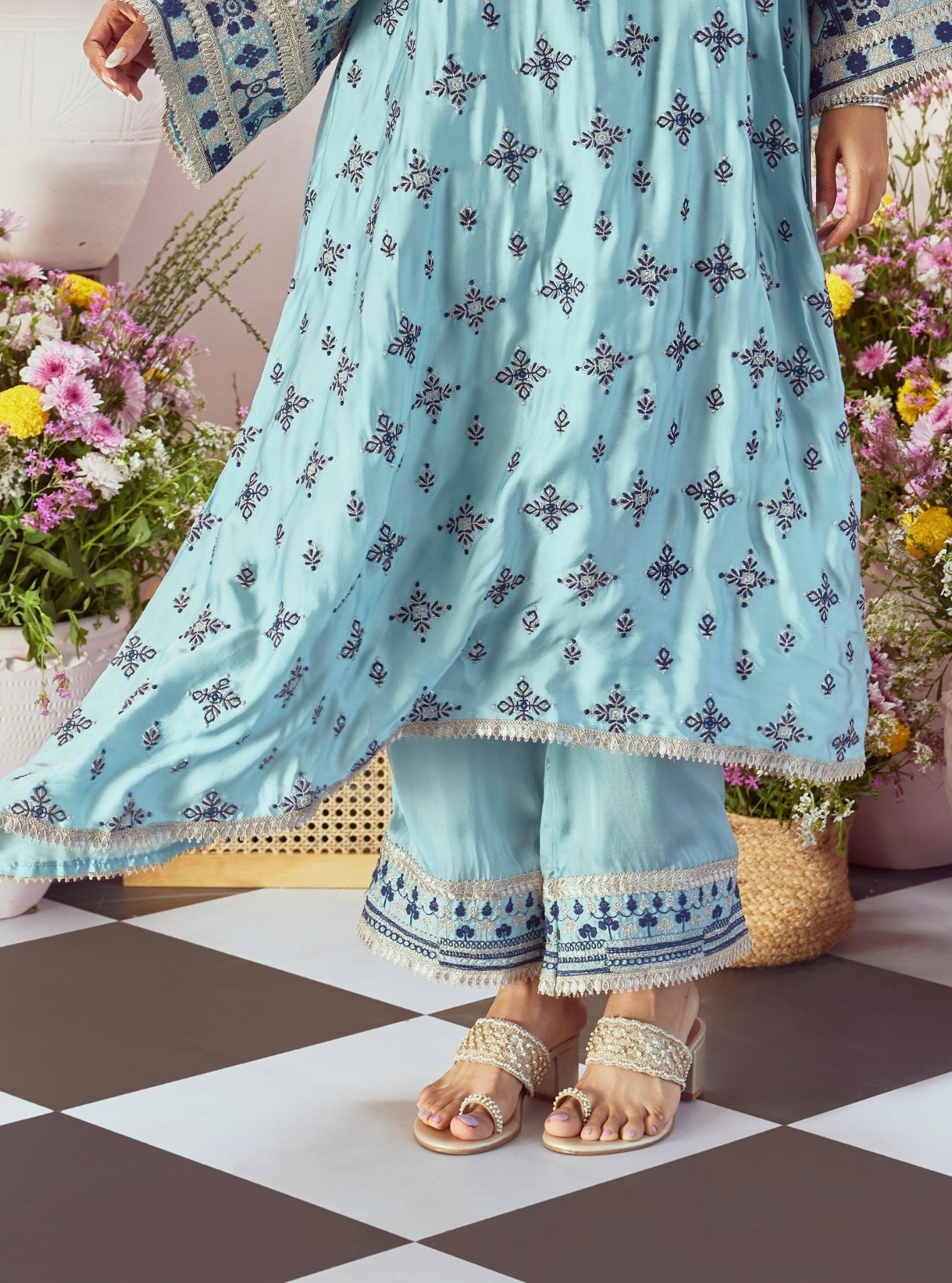 Mulmul Cupro Satin Anni Blue Kurta With Mulmul Cupro Satin Anni Blue Pant