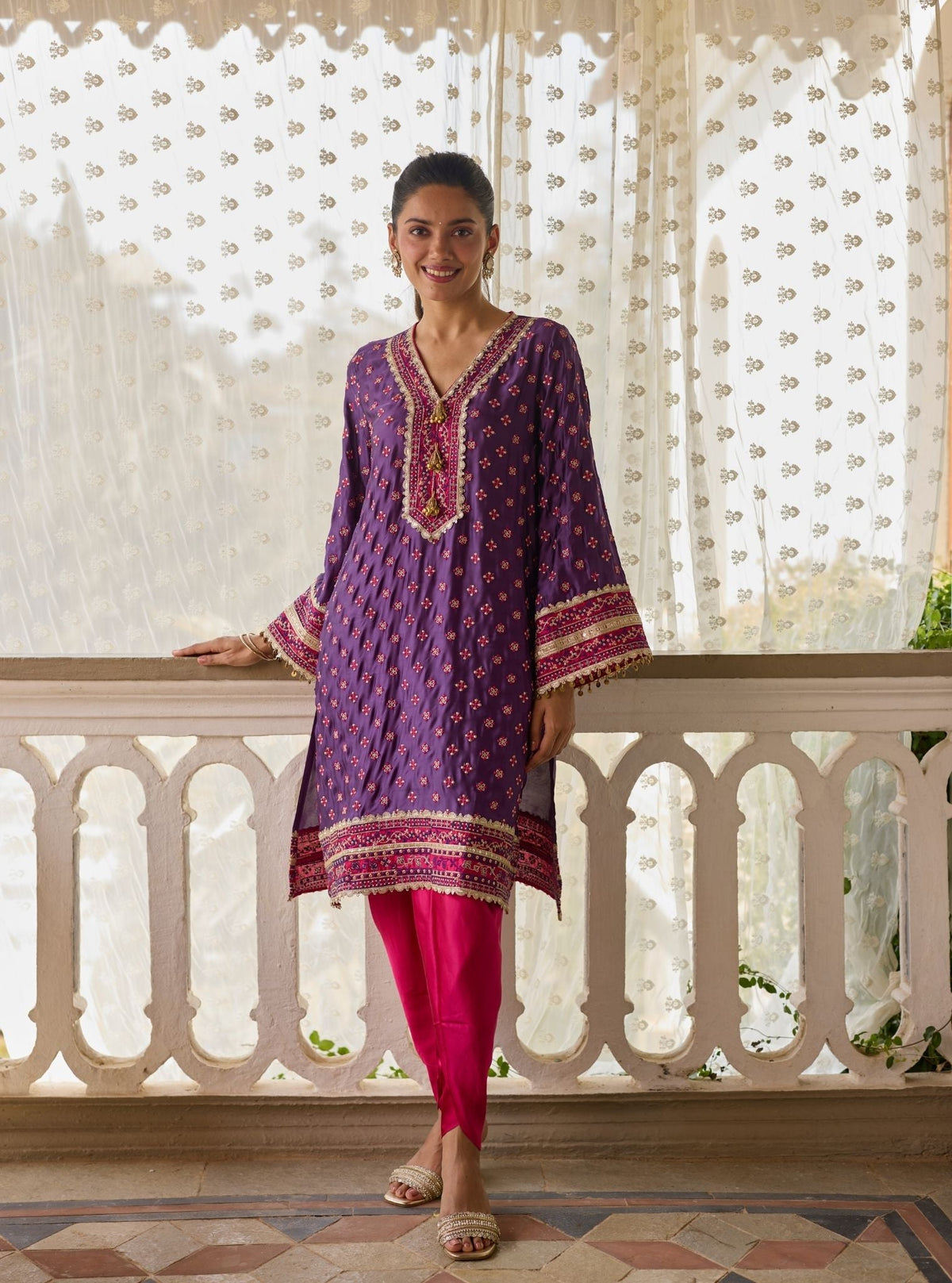 Survani Bemberg Satin Purple Kurta With Fuschia Salwar