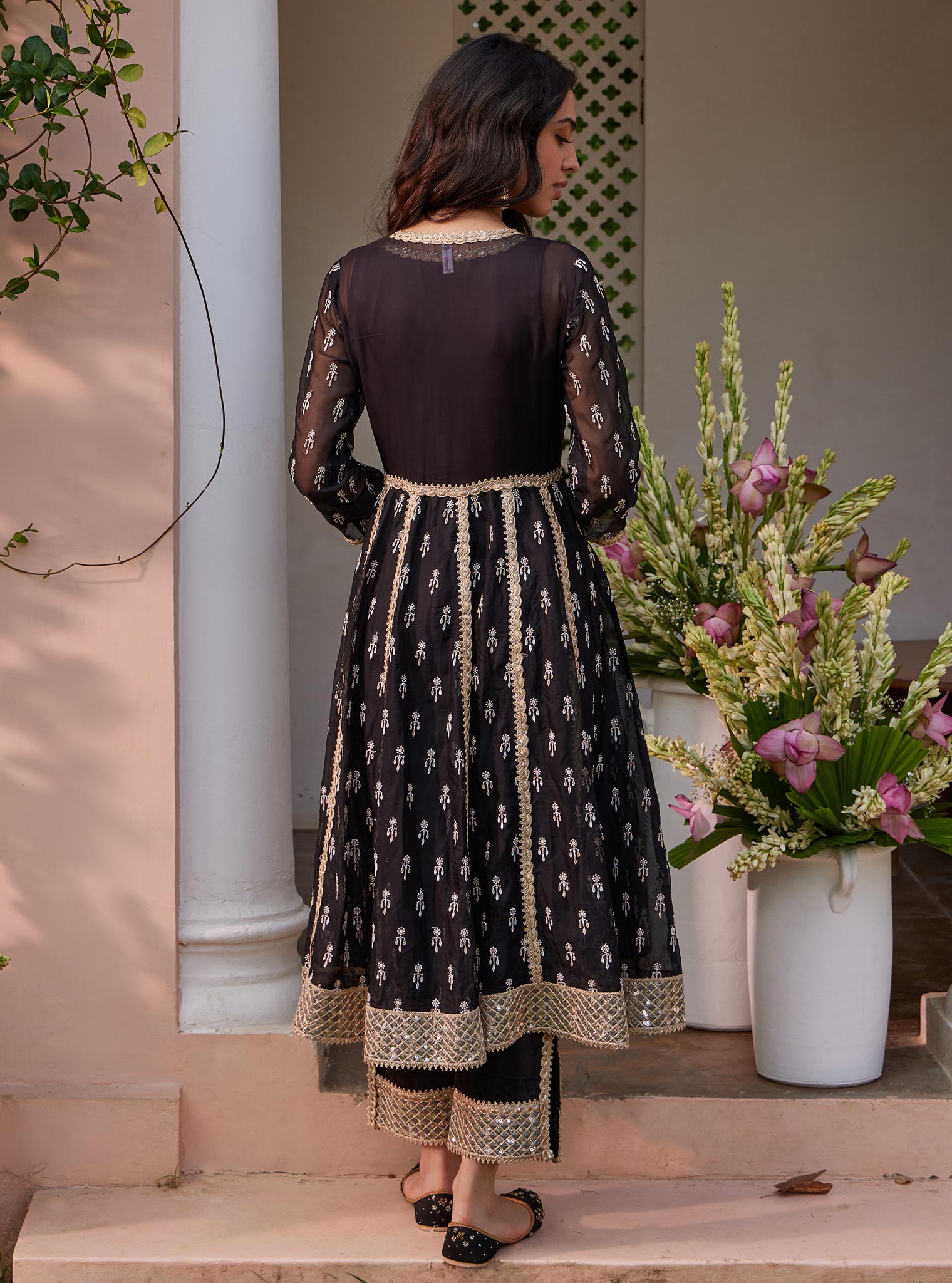 Mulmul Organza Samici Anarkali Black Kurta