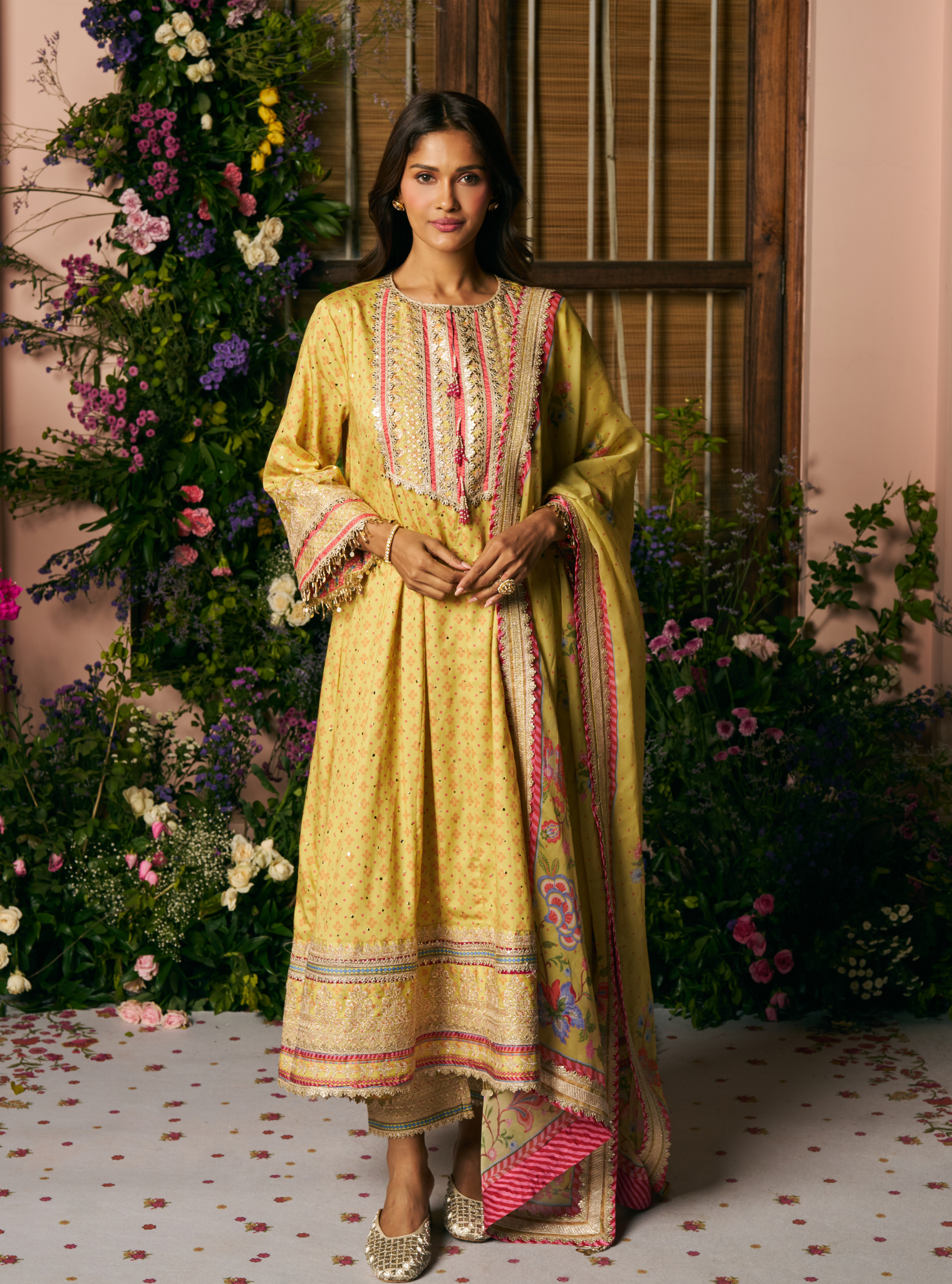 Maitri Pima Satin Lime Printed Kurta Set