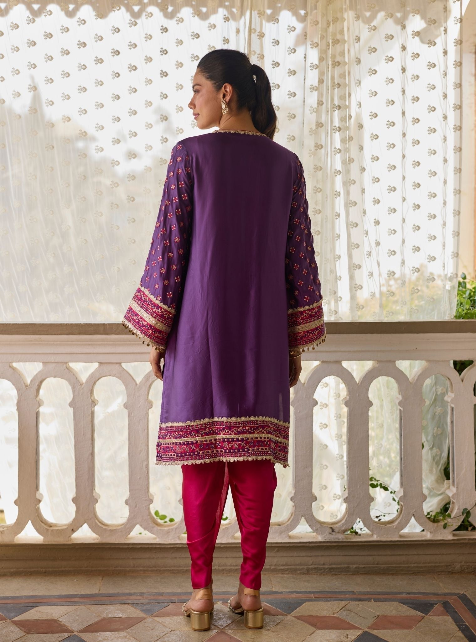 Survani Bemberg Satin Purple Kurta With Fuschia Salwar