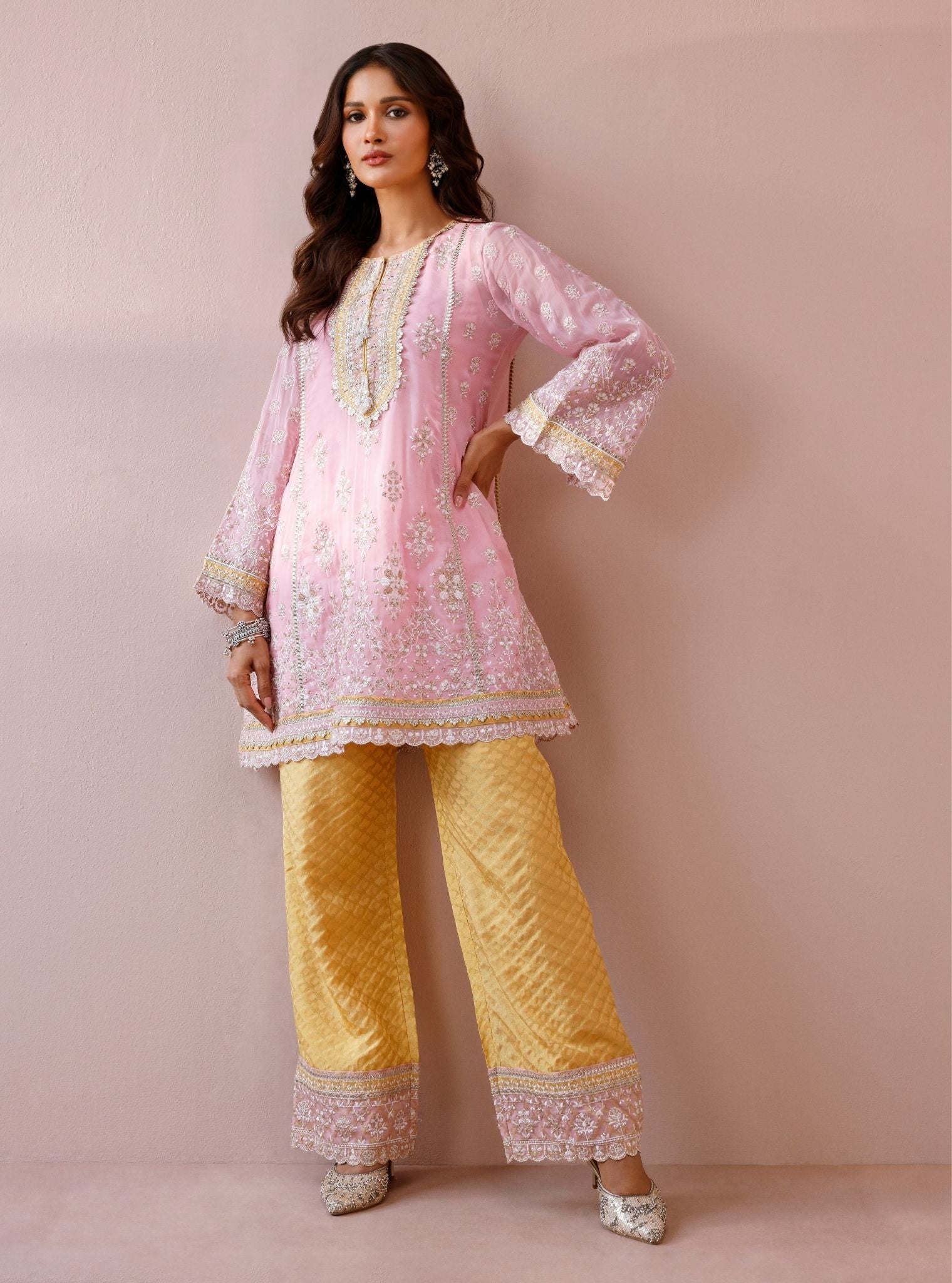 Rila Organza Pink Kurta with Wide Pants
