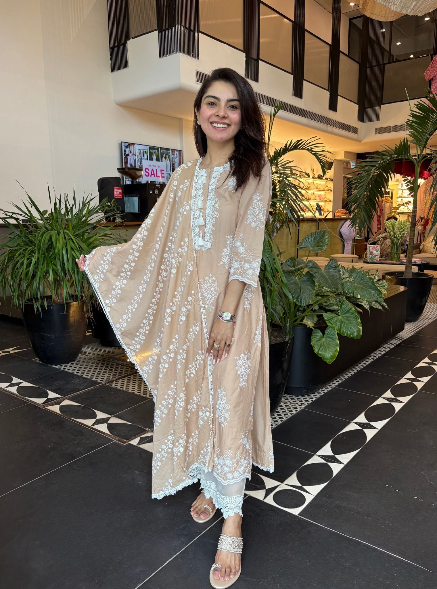 Mulmul Cotton Perla Beige Kurta With Floral Lace Flared White Pant