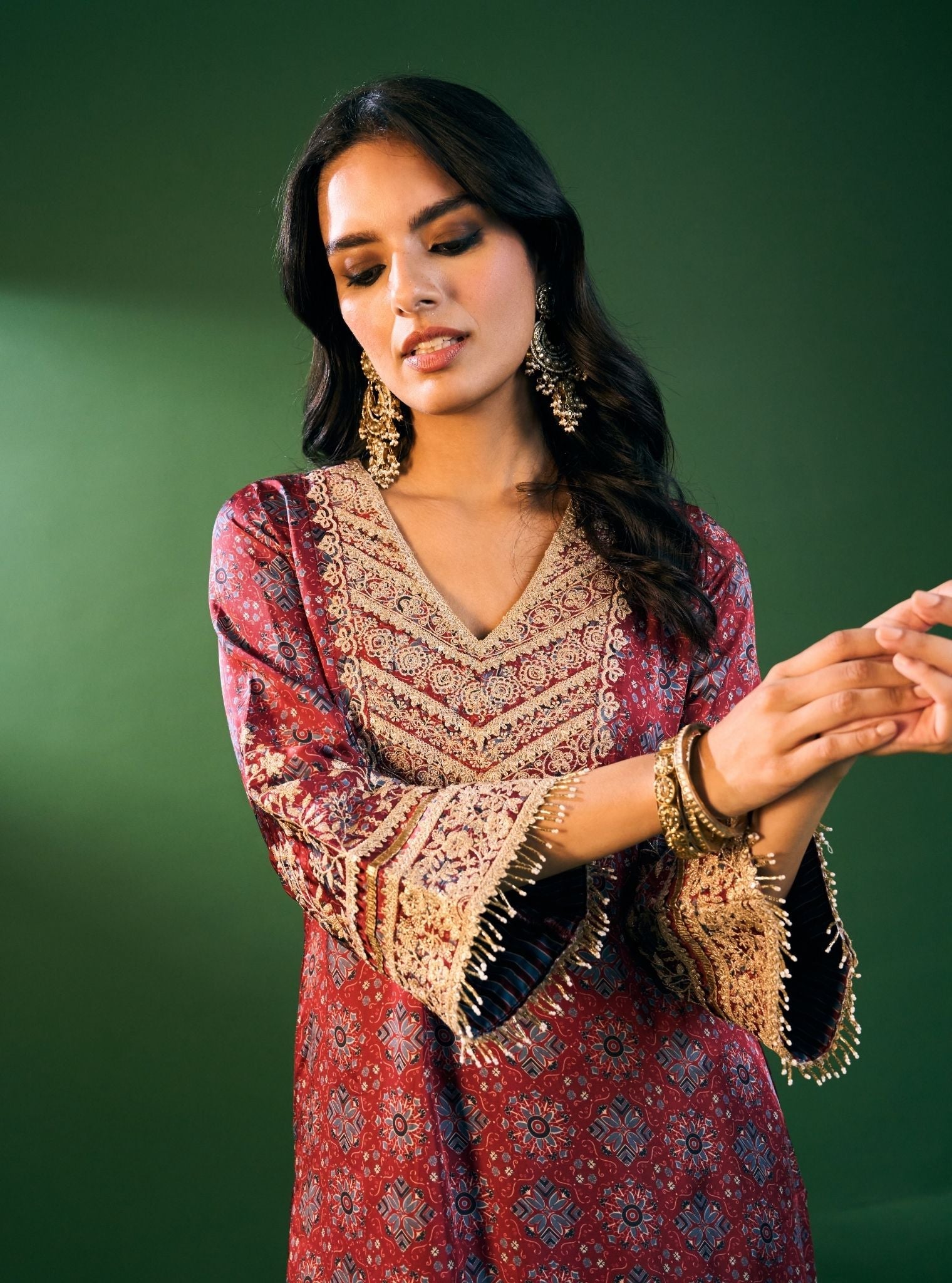 Sunheri Cupro Satin Red Ajrakh Print Kurta Set