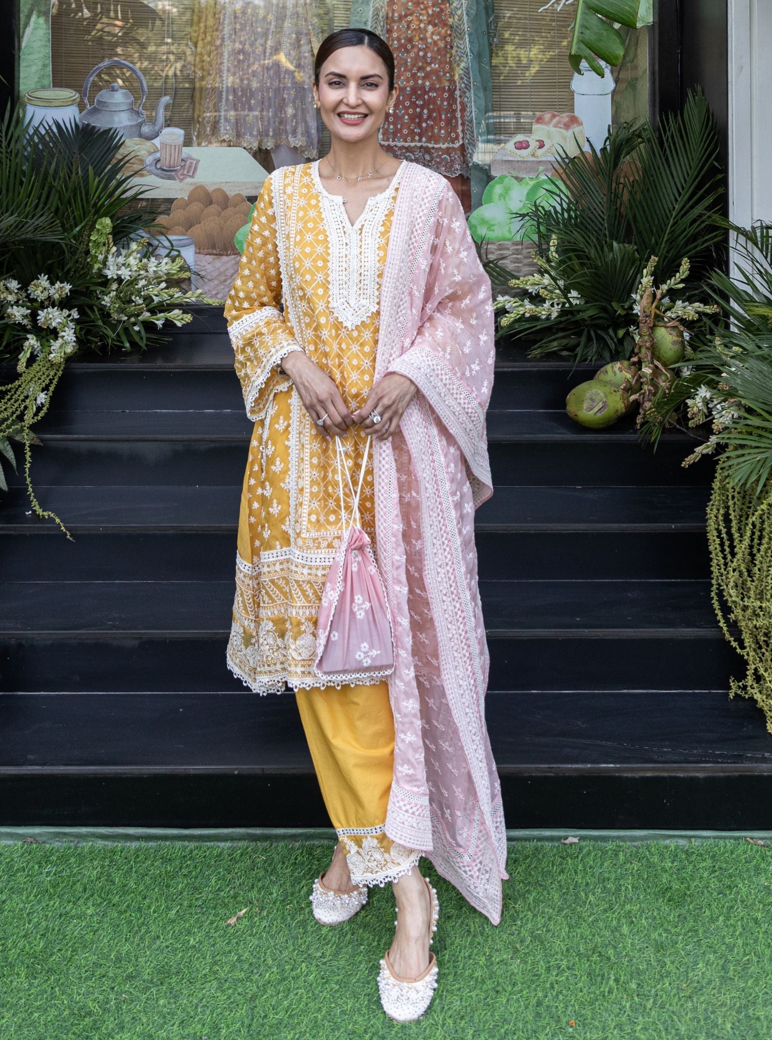 Mulmul Organza Sritha Yellow Kurta With Mulmul Cotton Sritha Yellow Pant
