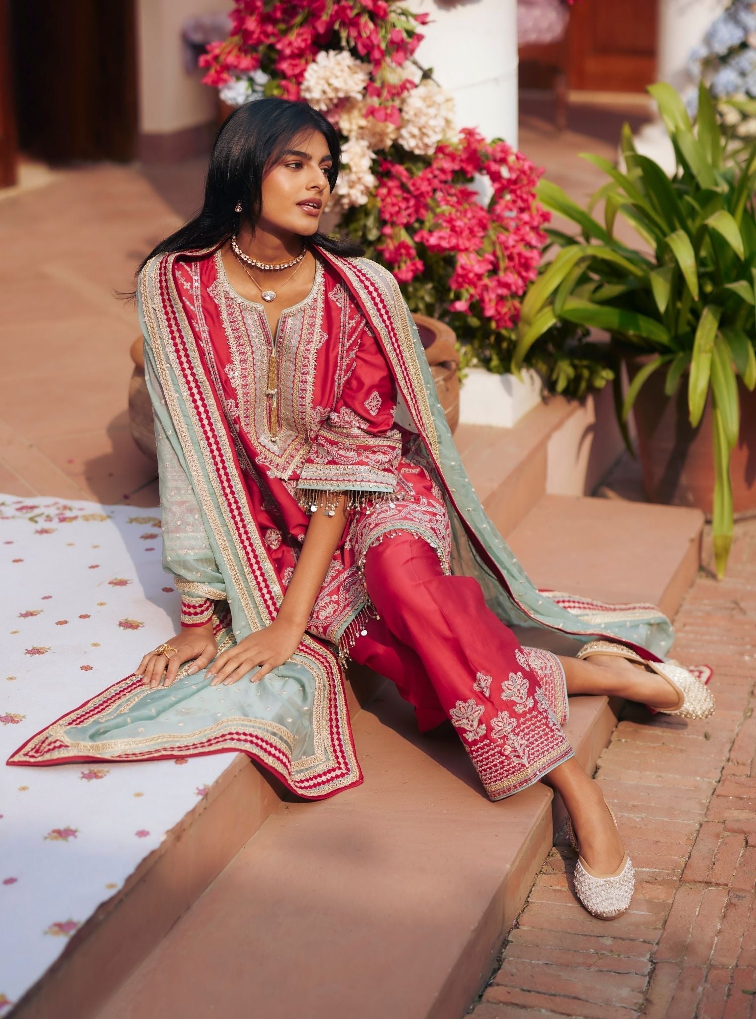 Khumari Pima Satin Red Kurta Set