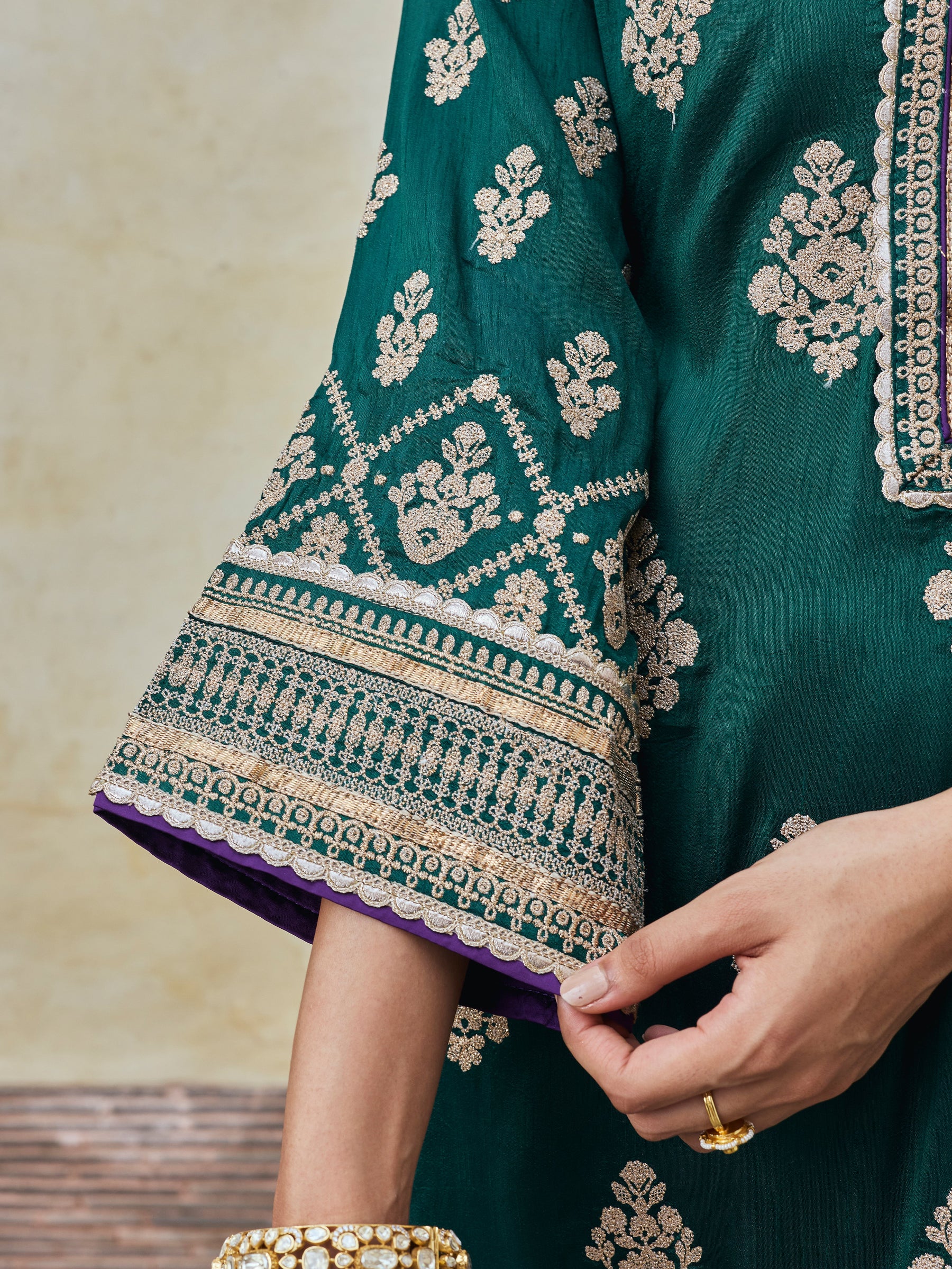 Bairi Bemberg Raw Silk Emerald Green Kurta Set