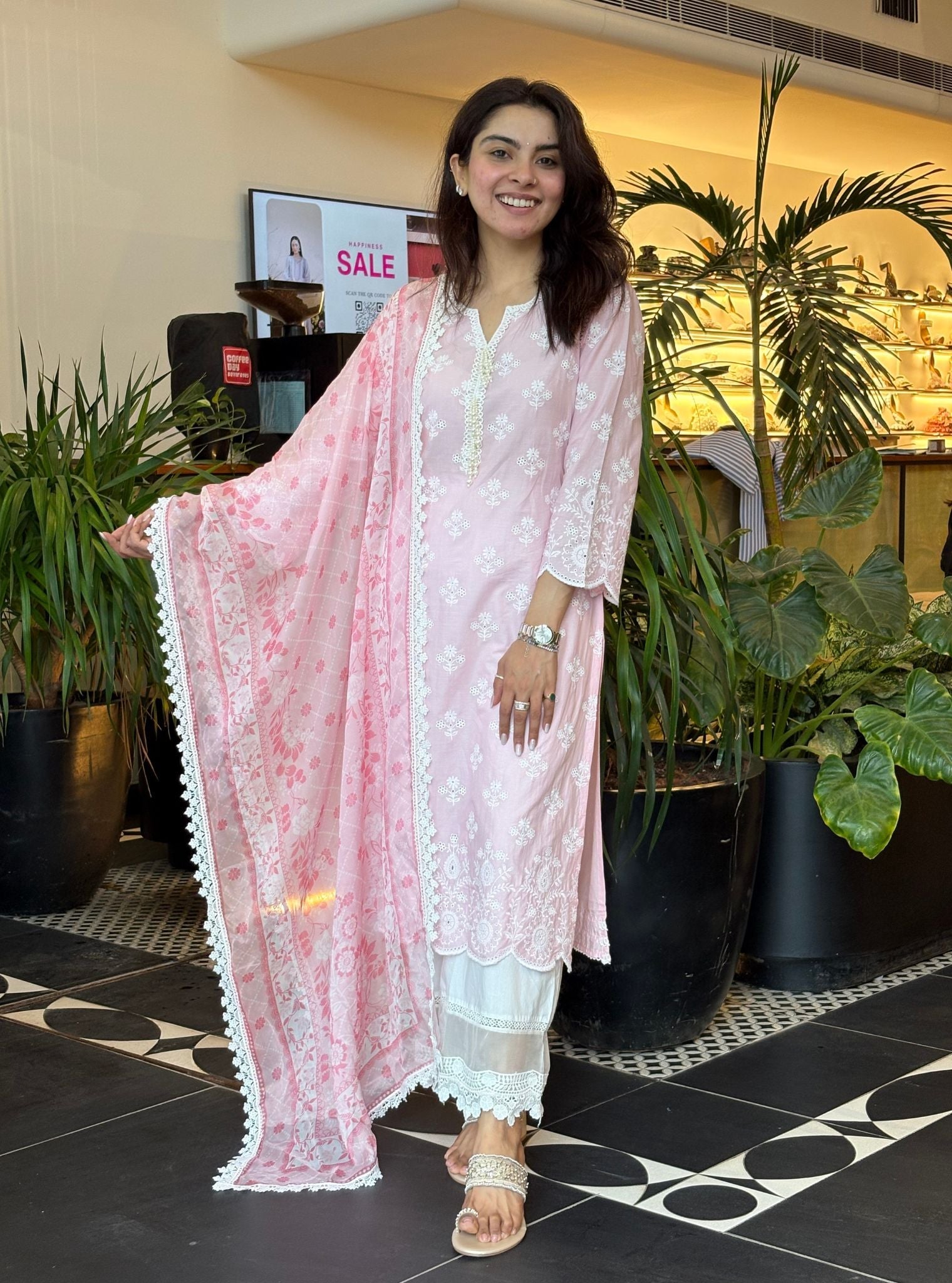 Arpora Supima Cotton Peach Kurta With Floral Lace Flared White Pant
