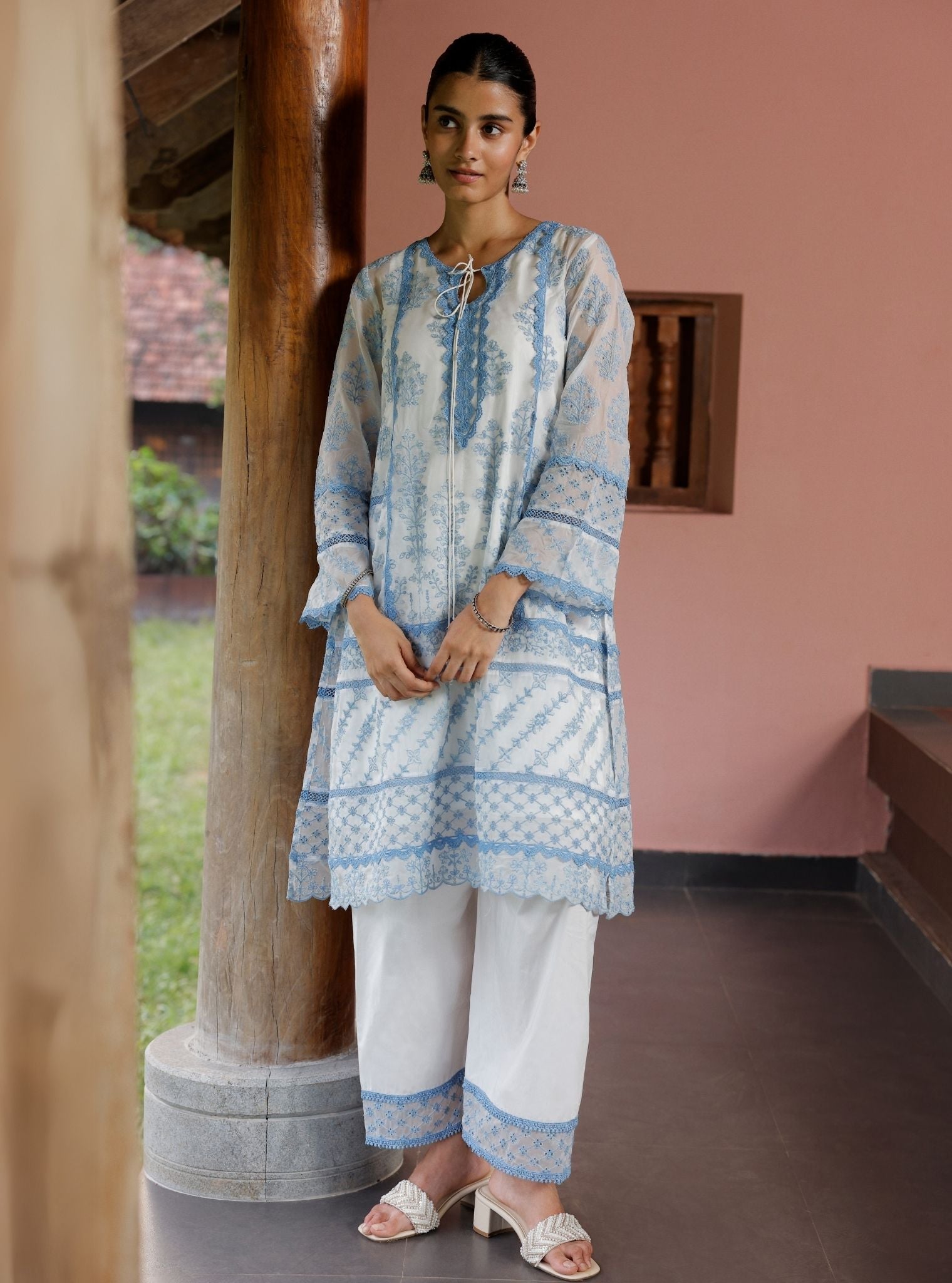 Kollam Organza White Kurta Set