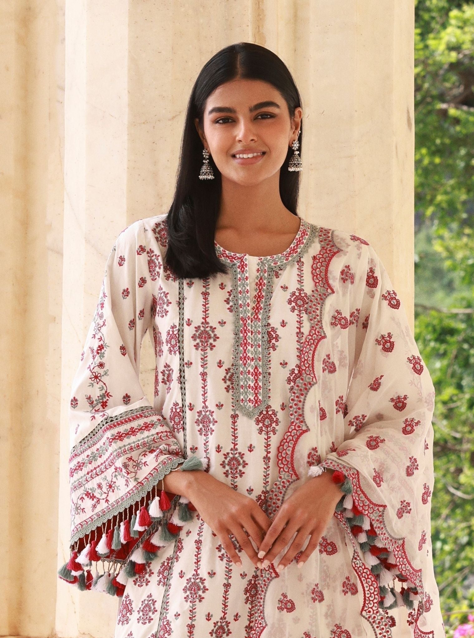 Mulmul Supima Cotton Lomeya White Fuschia Teal Blue Dupatta