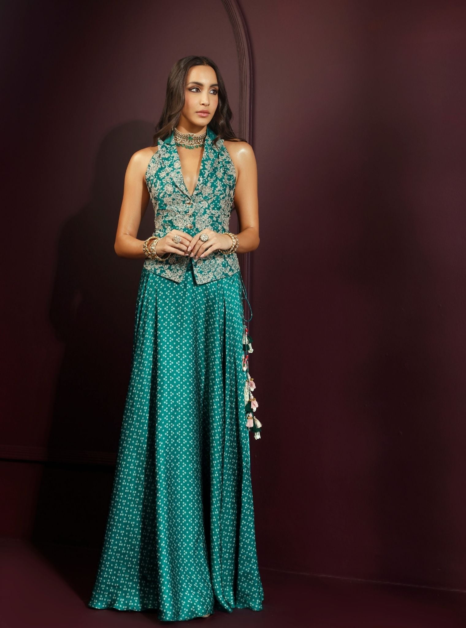Kuhu Cupro Satin Printed Emerald Green Waist Coat Set