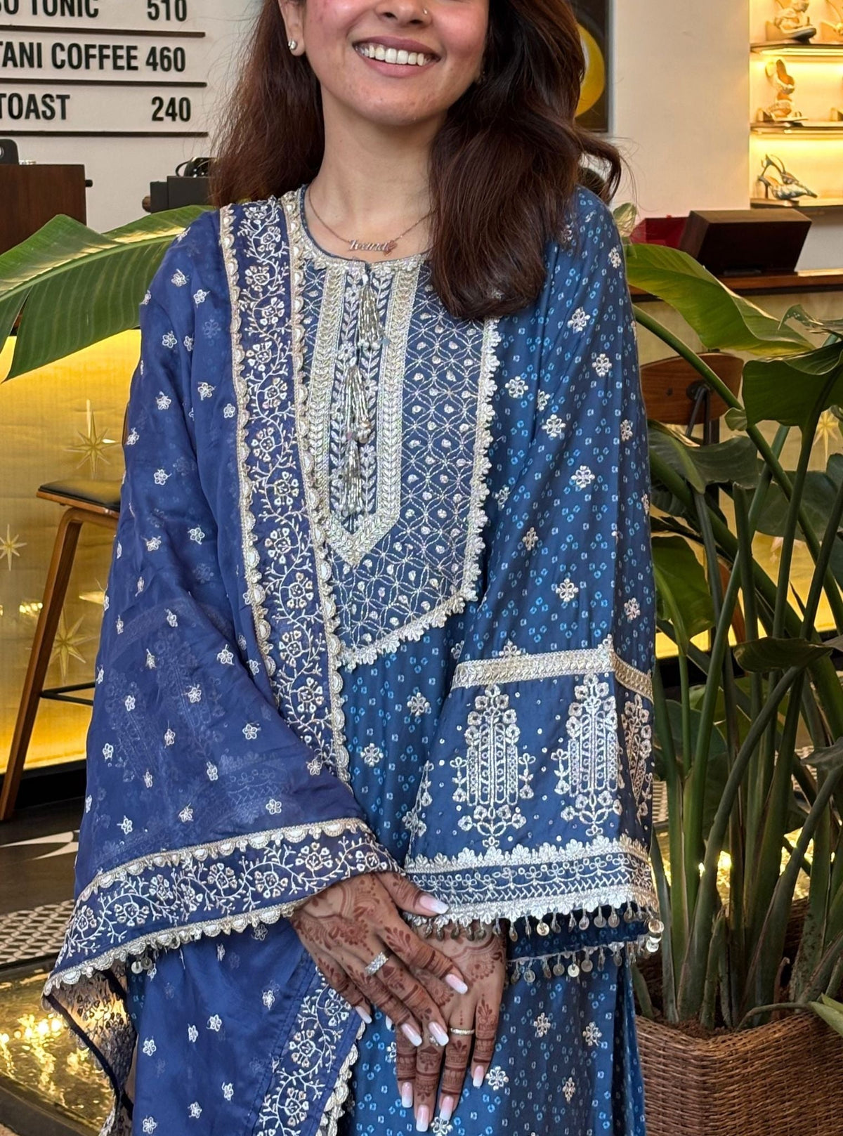 Lari Pima Satin Printed Navy Kurta Set