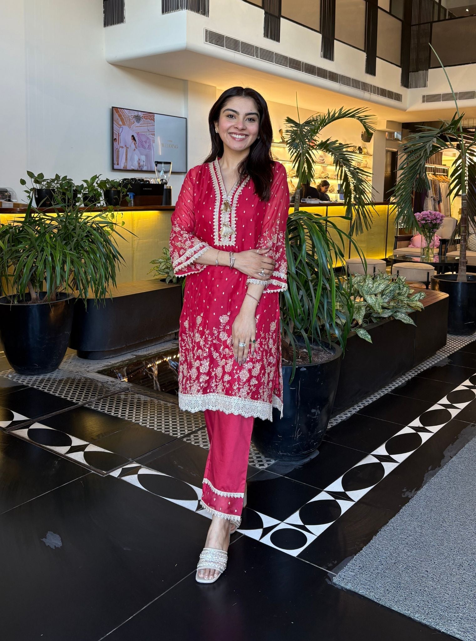 Gajra Organza Red Kurta With Gajra Pima Satin Red Pant