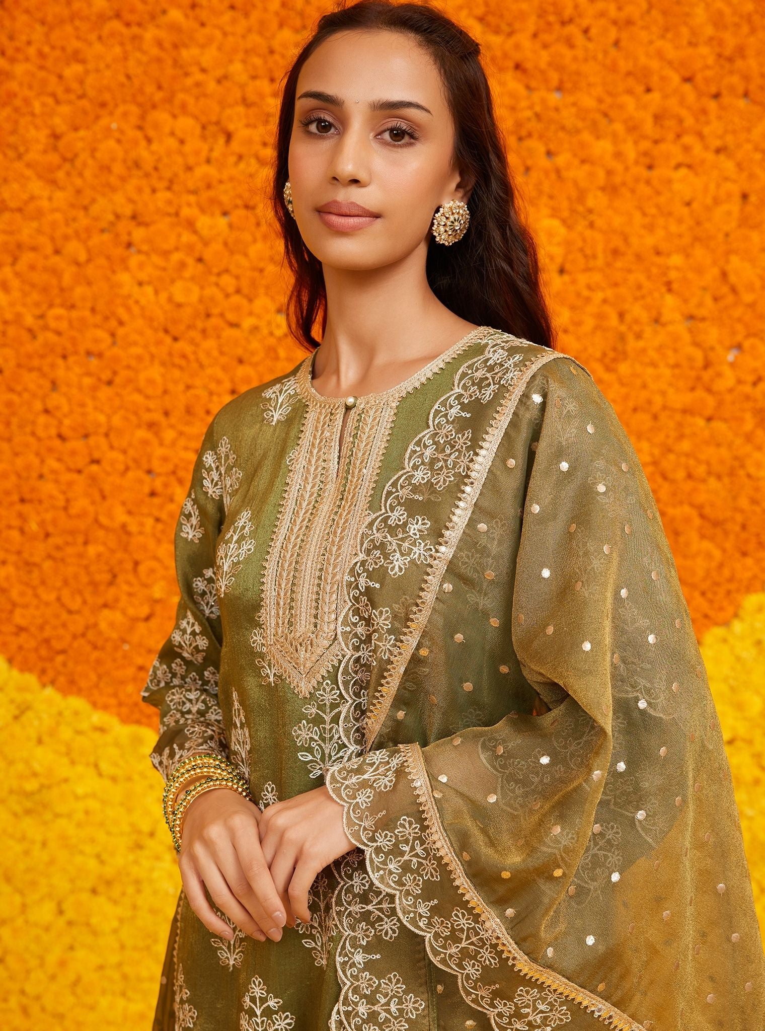 Evelina Tissue Linen Satin Moss Green Kurta Set