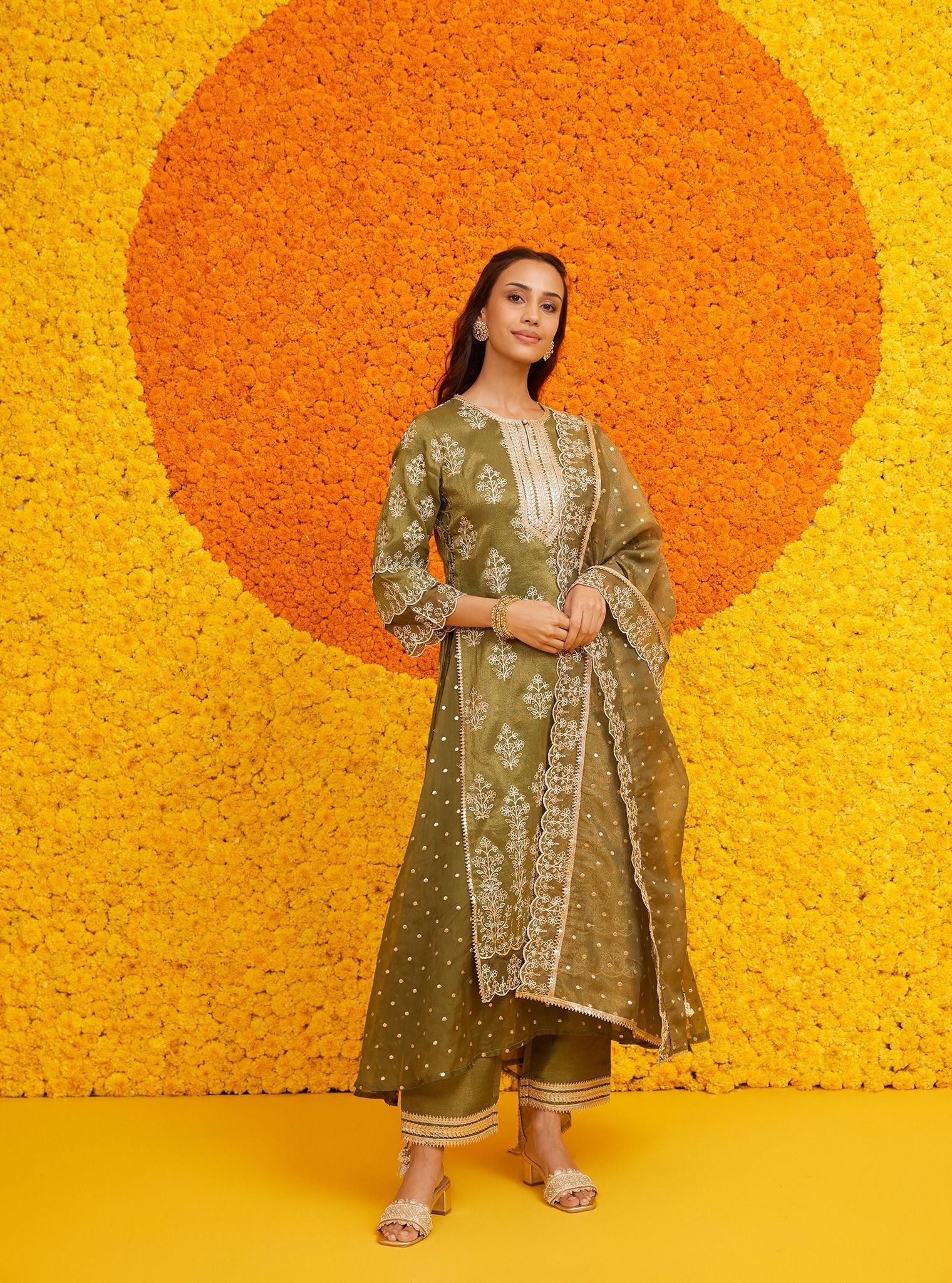 Evelina Tissue Linen Satin Moss Green Kurta Set
