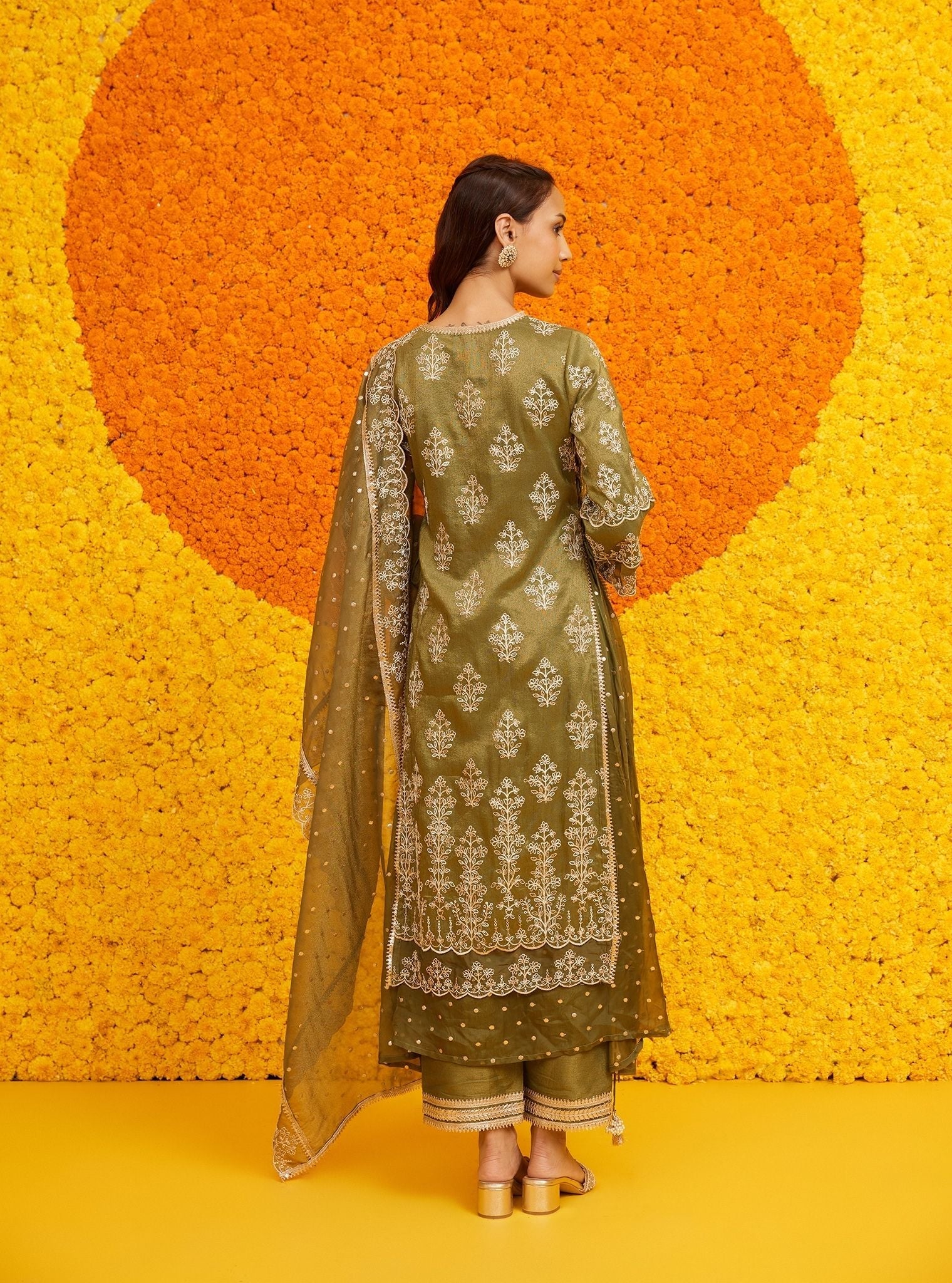 Evelina Tissue Linen Satin Moss Green Kurta Set