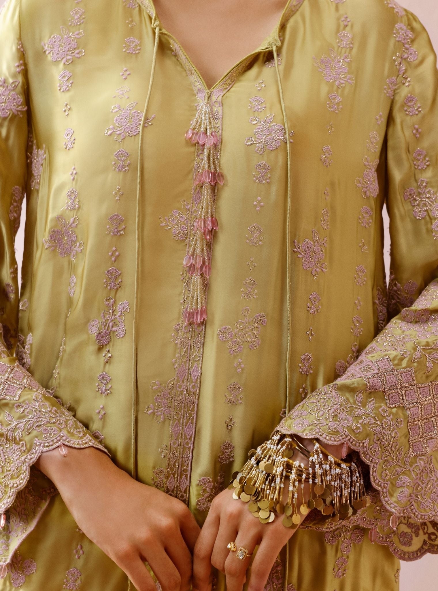 Arlette Cupro Satin Lime Long Kaftan Set