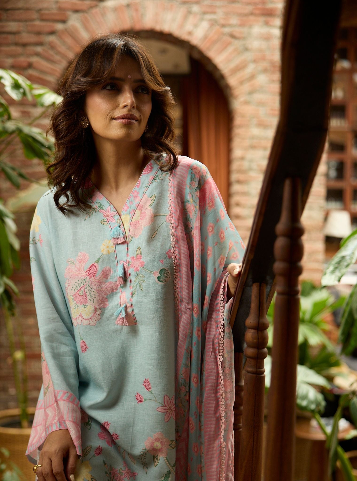 Mulmul Printed Linen Pia Blue Kurta With Mulmul Printed Linen Pia Blue Pant