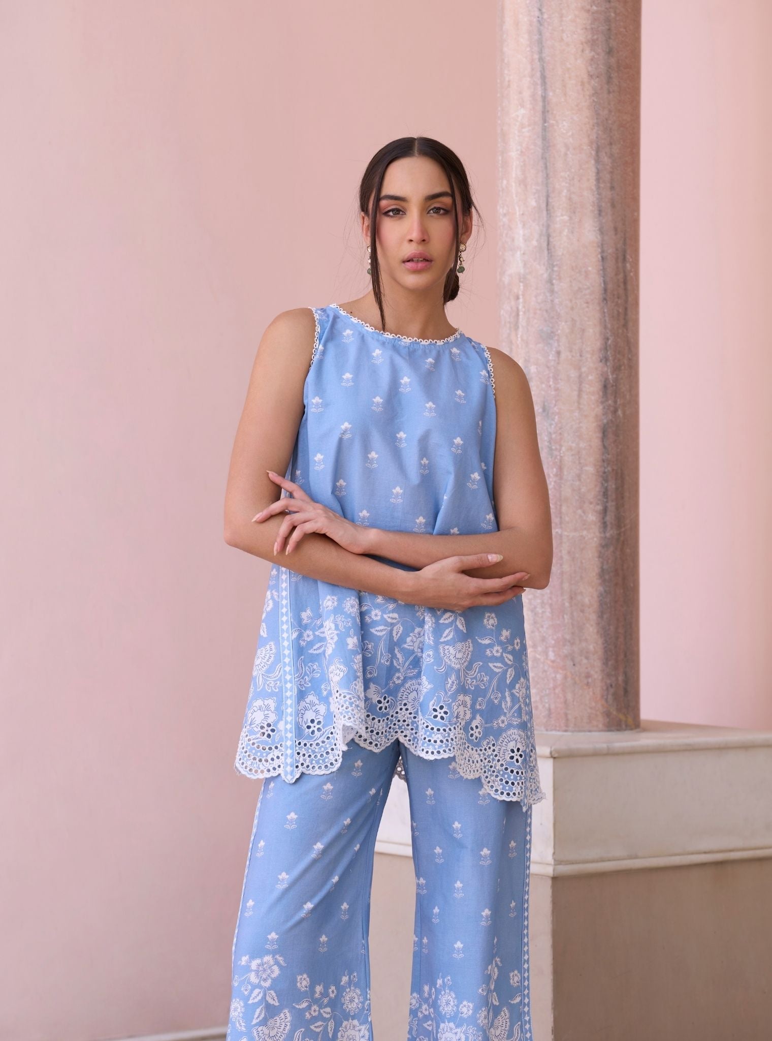 Zeenat Steel Blue Mulmul Cotton Top Set