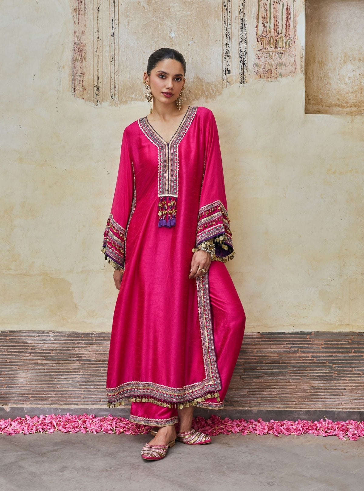 Shaabni Bemberg Raw Silk Fuchsia Kaftan Set