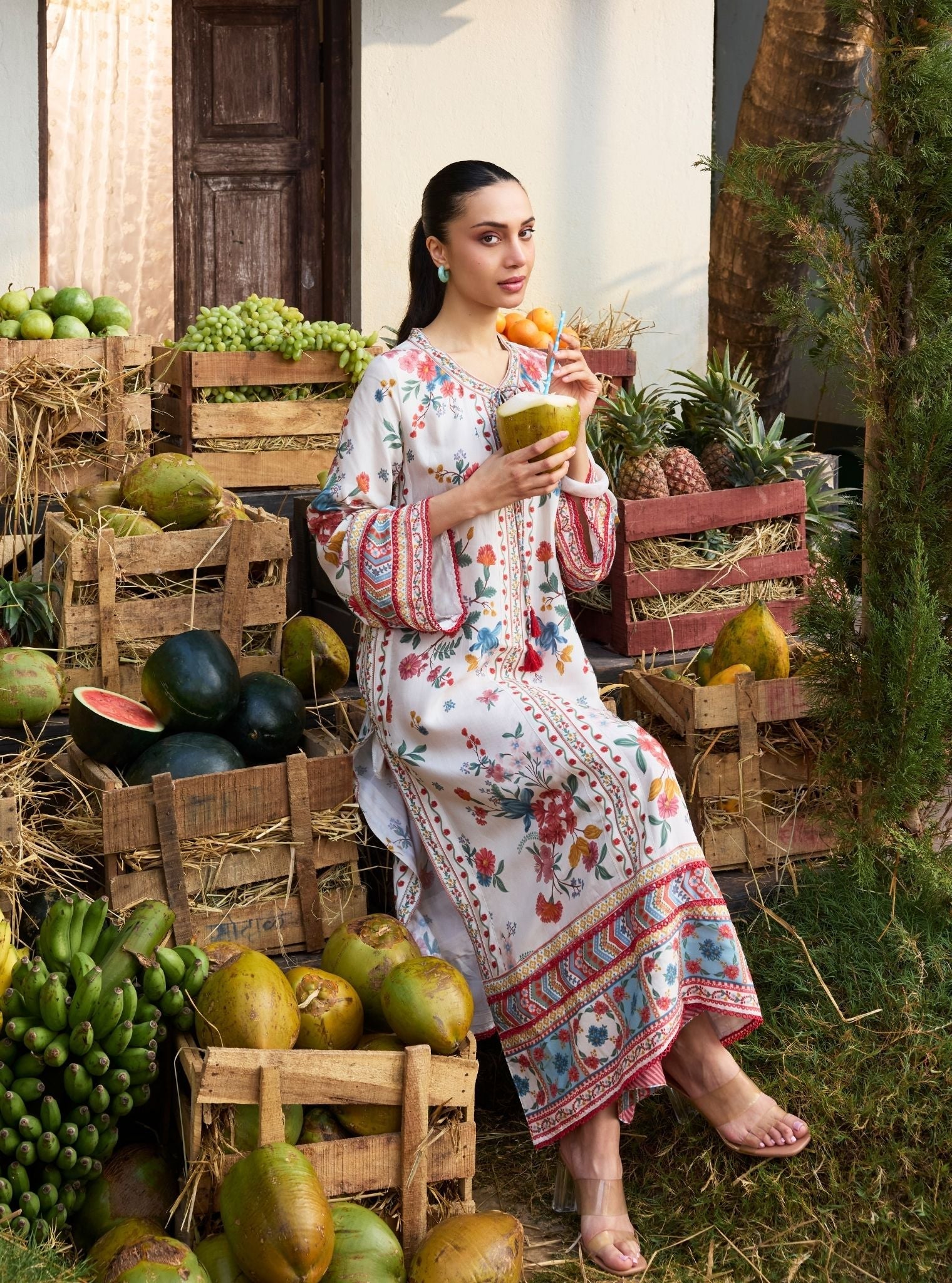Erohi Lawn Off White Long Co-ord Set