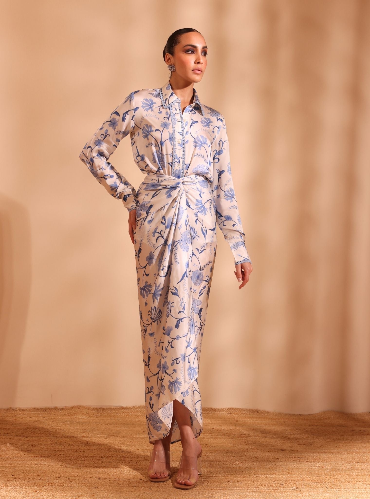 Hasi Cupro Satin Printed Off White Skirt set