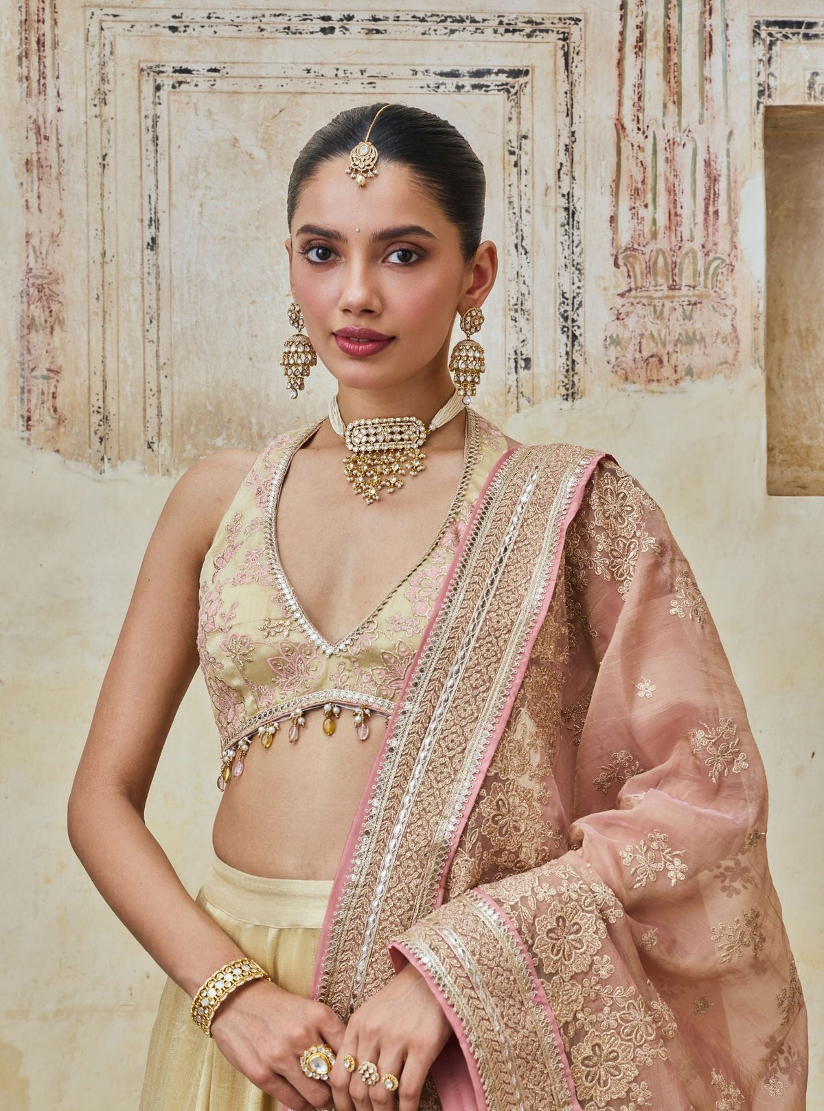 Saawri Bemberg Giraffe White Gold Lehenga
