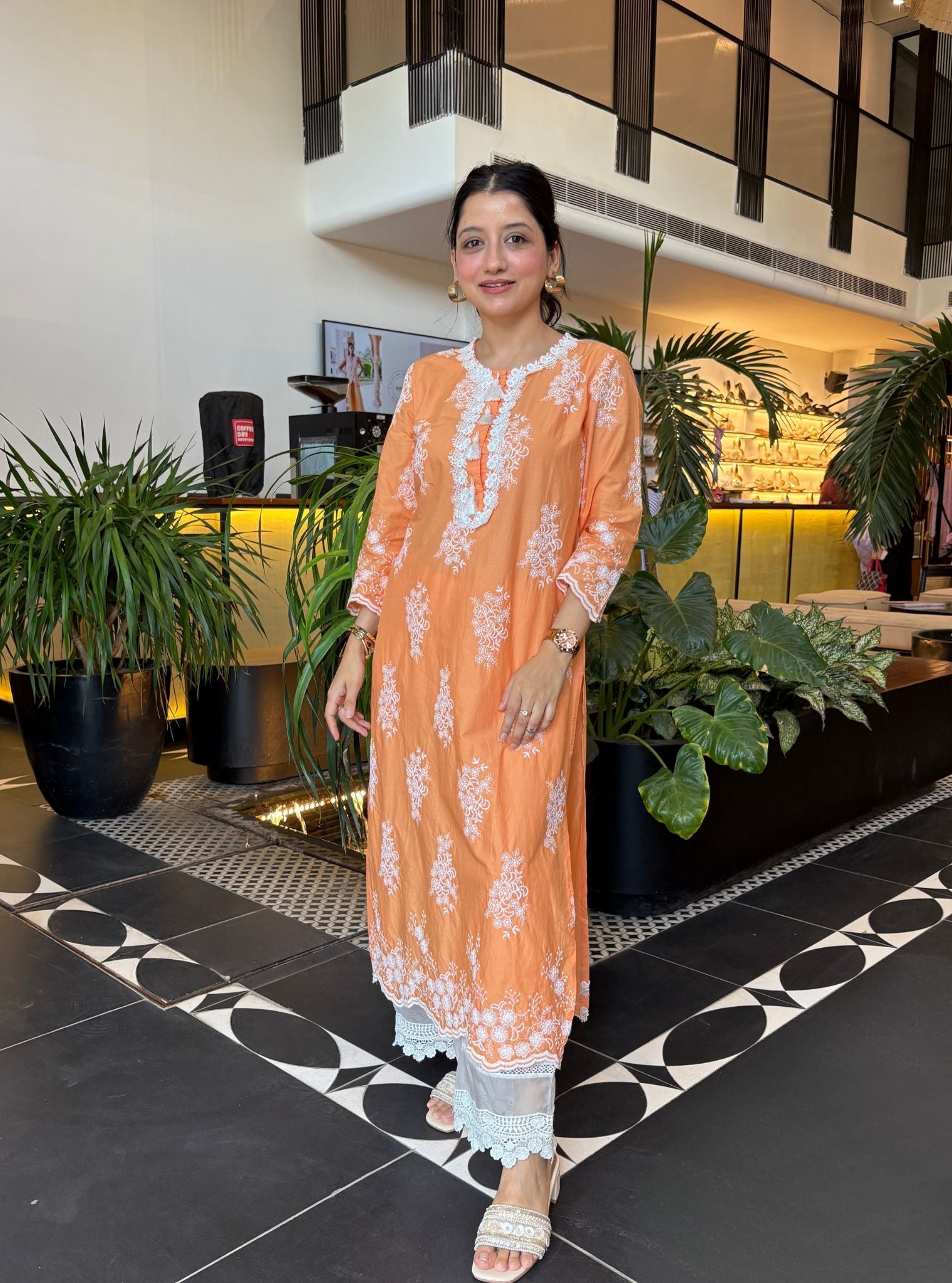 Perla Supima Cotton Orange Kurta with Floral Lace Flared White Pant Set