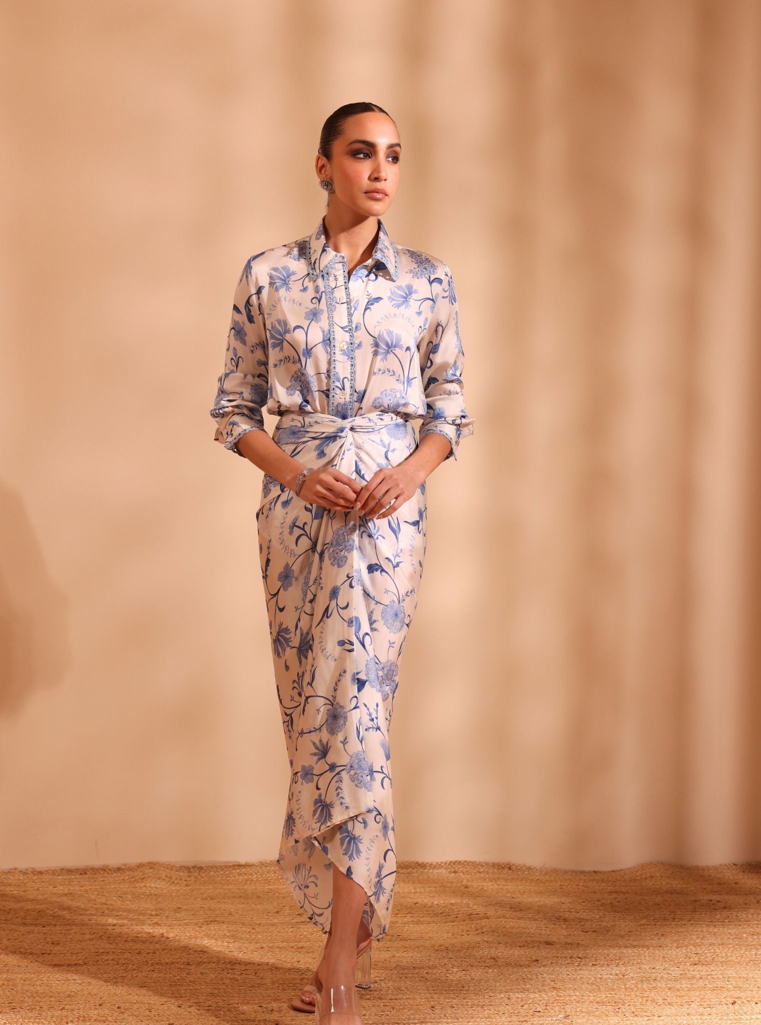 Hasi Cupro Satin Printed Off White Co-ord Set