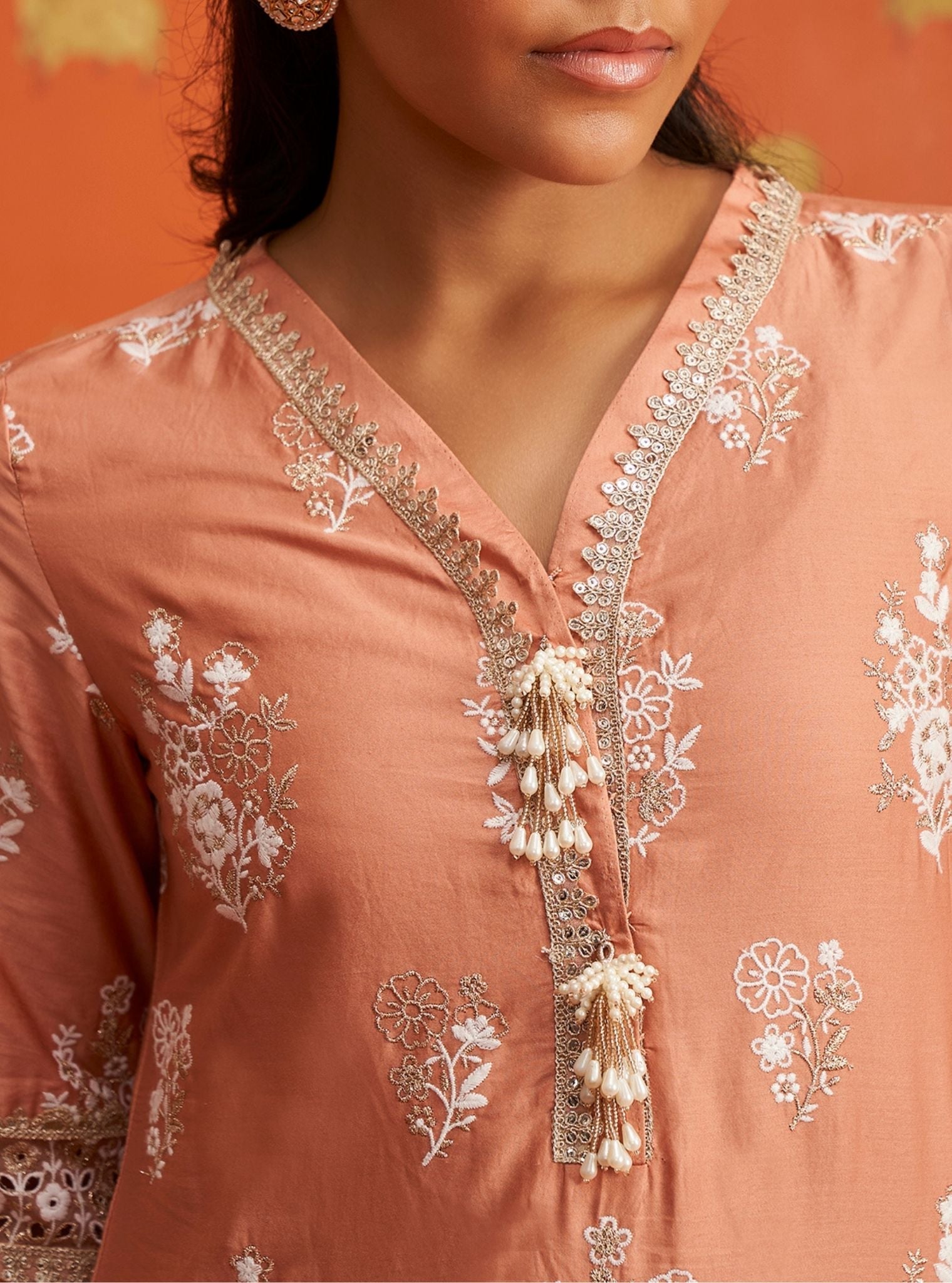 Nalin Pima Satin Peach Kurta Set