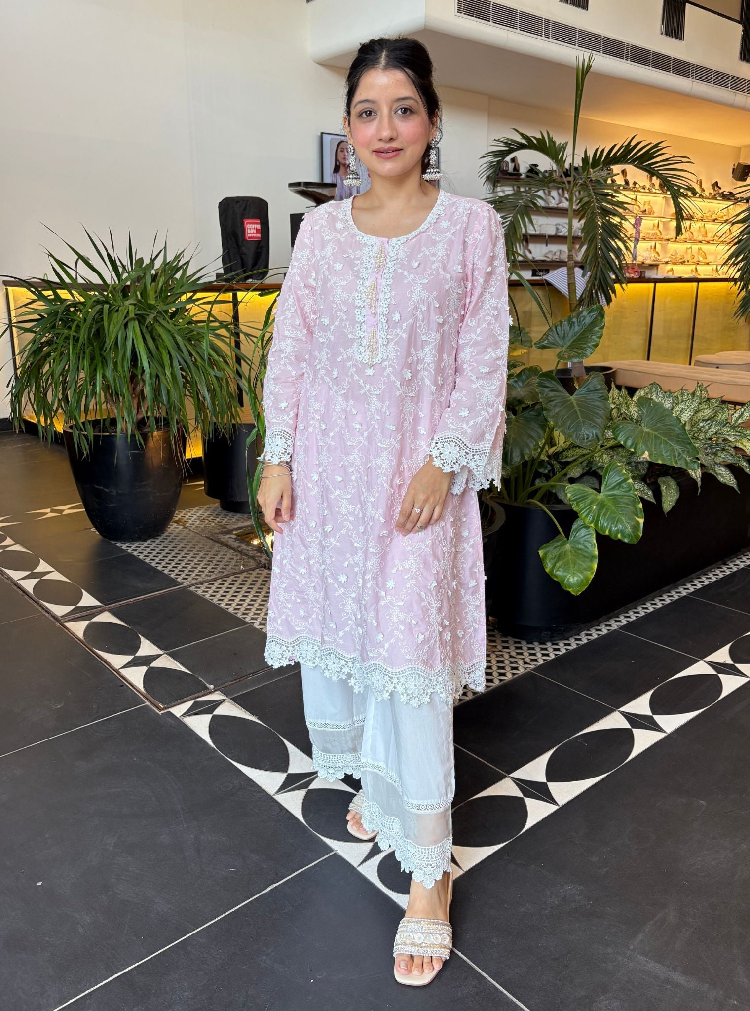 BayBreeze Supima Cotton Pink Kurta with Floral Lace Flared White Pant Set