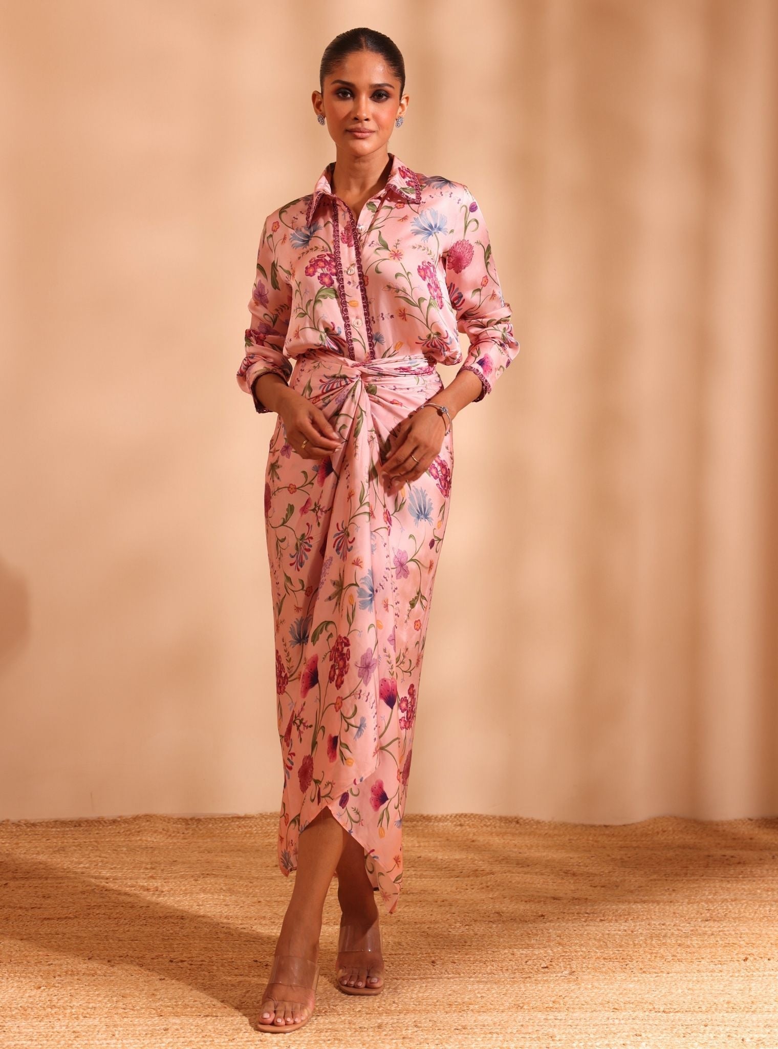 Mulmul Cupro Satin Printed Hasi Pink Shirt With Mulmul Cupro Satin Printed Hasi Pink Skirt