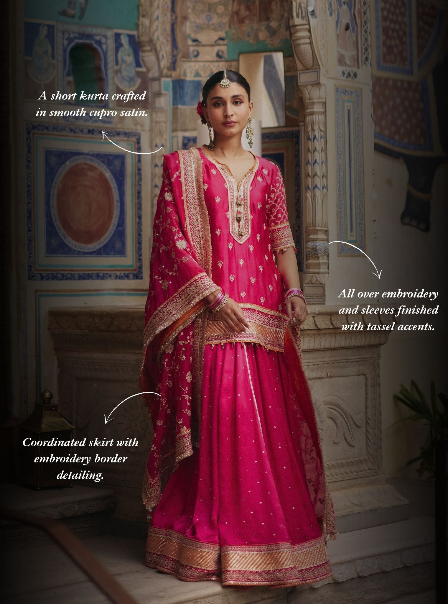 Talai Cupro Satin Fuchsia Short Kurta with Lehenga