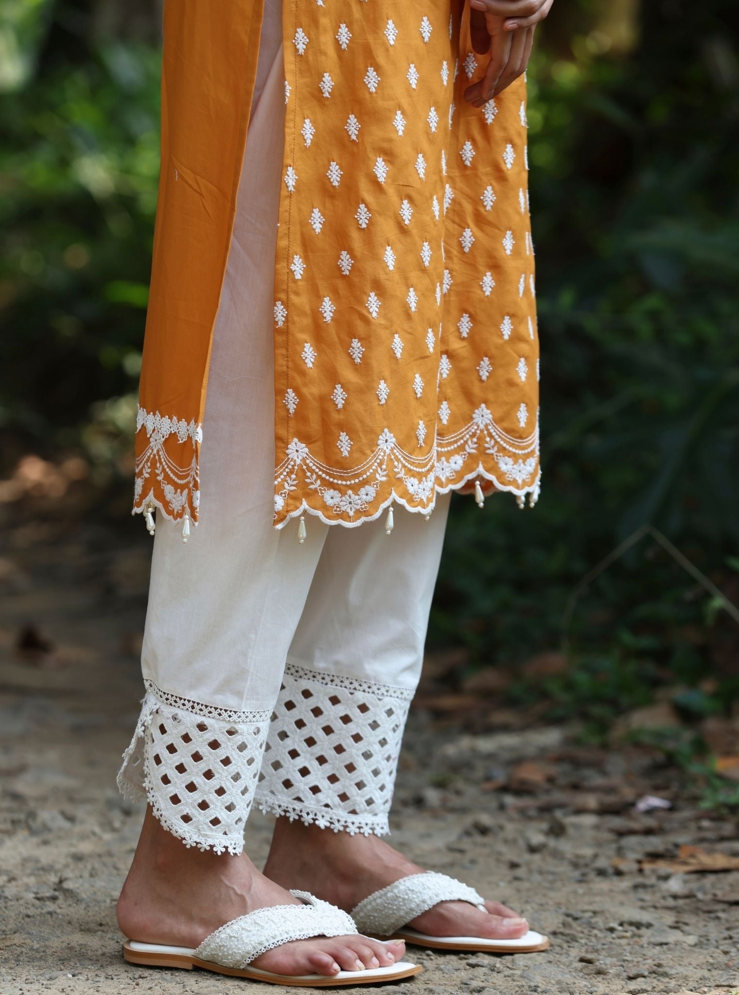 Mulmul Cotton Nivi Orange Kurta With Mulmul Cotton Yuna White Pant