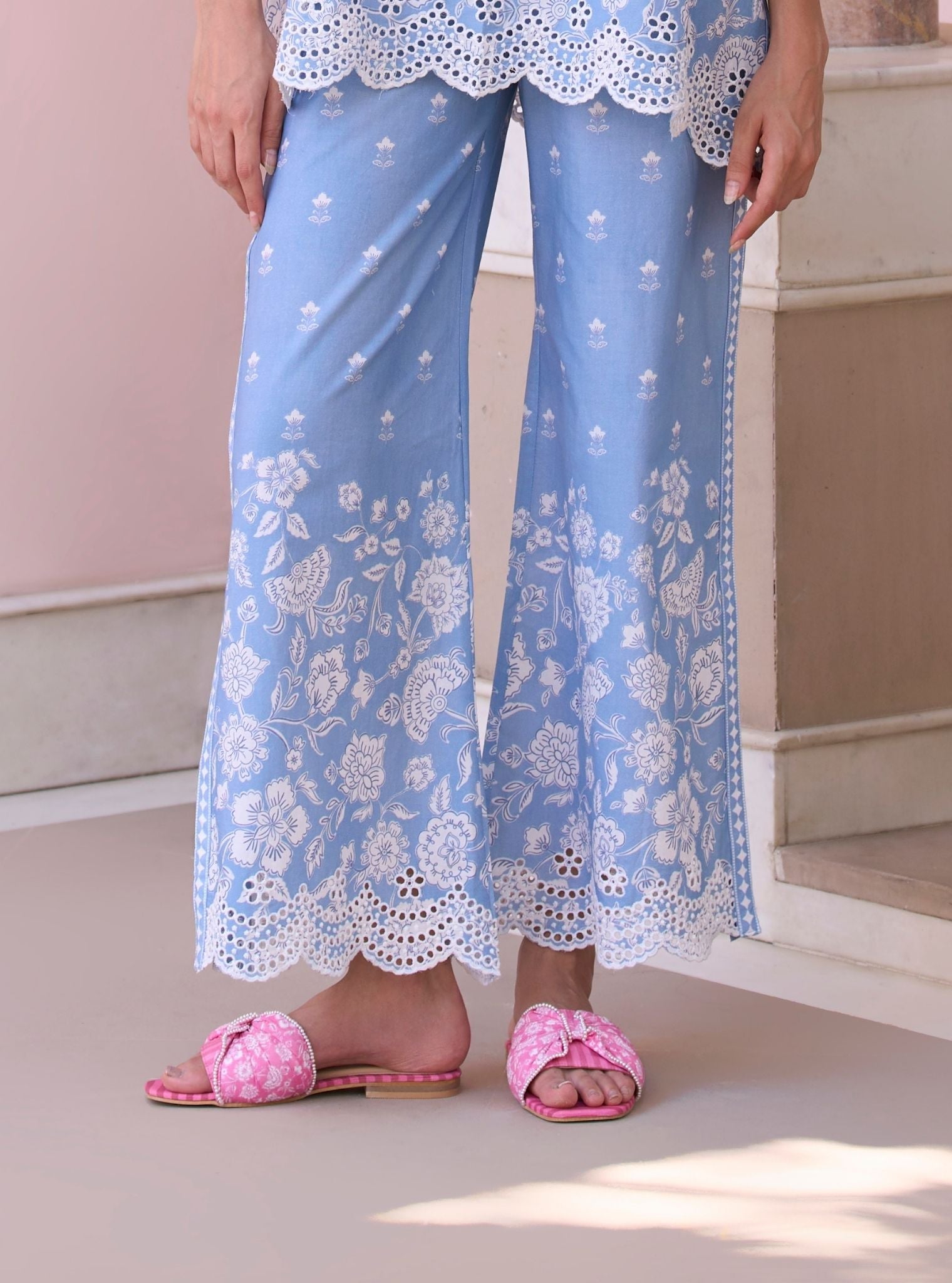 Zeenat Steel Blue Mulmul Cotton Top Set
