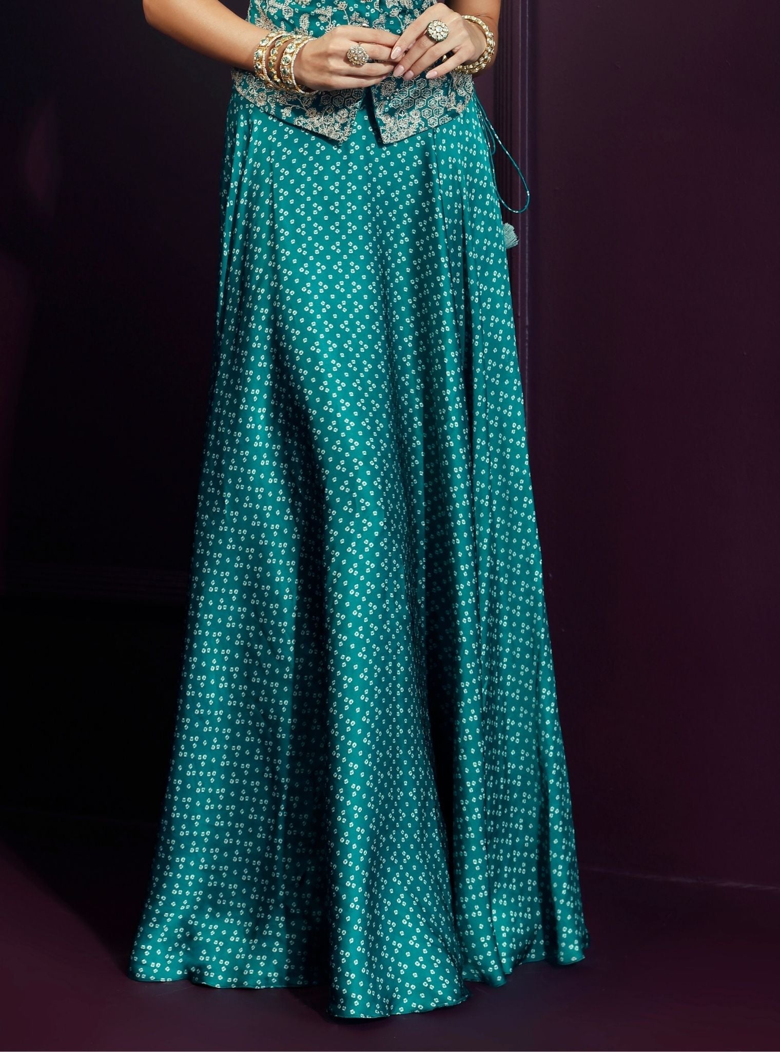 Kuhu Cupro Satin Printed Emerald Green Waist Coat Set