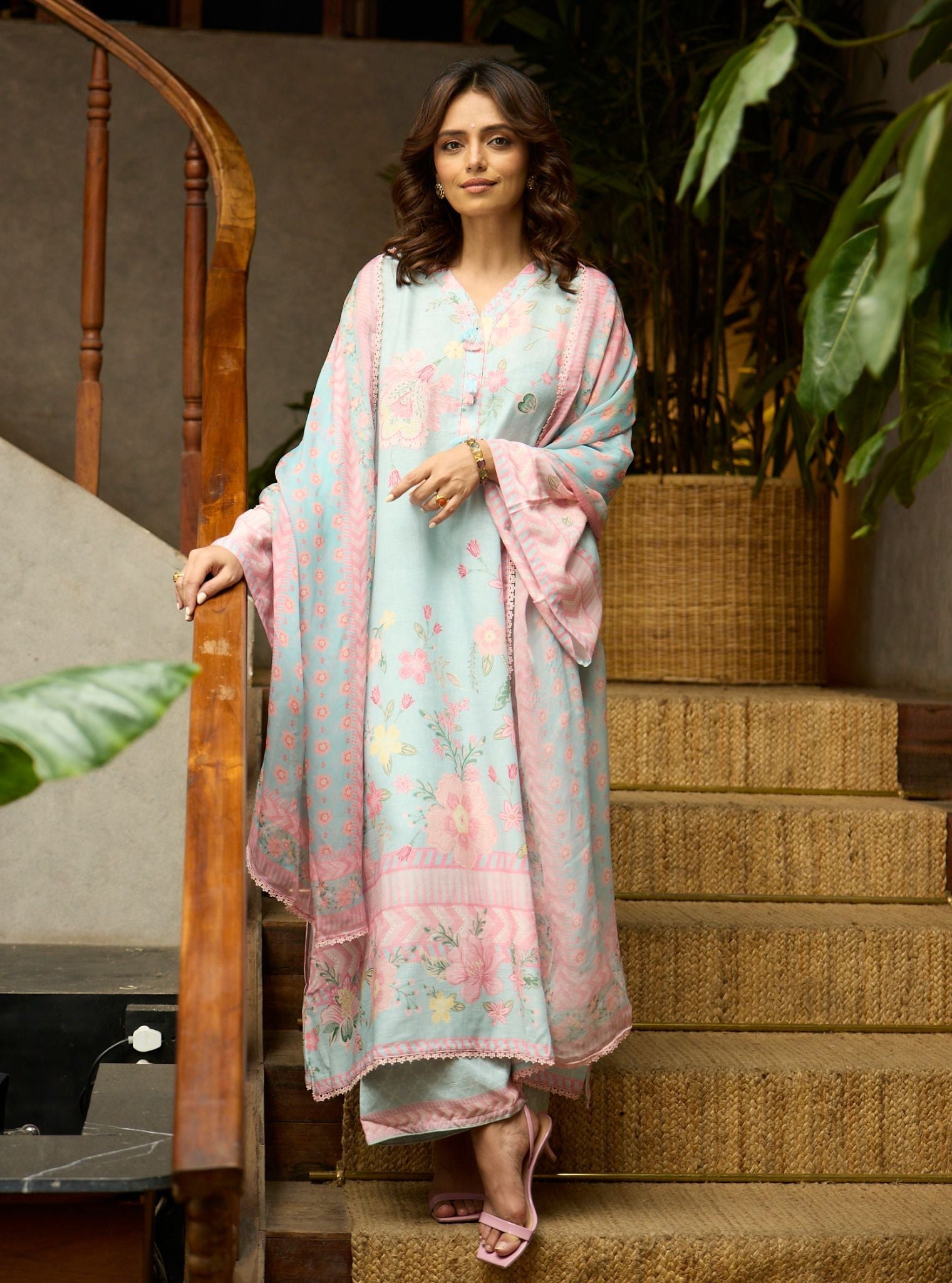 Mulmul Printed Linen Pia Blue Kurta With Mulmul Printed Linen Pia Blue Pant