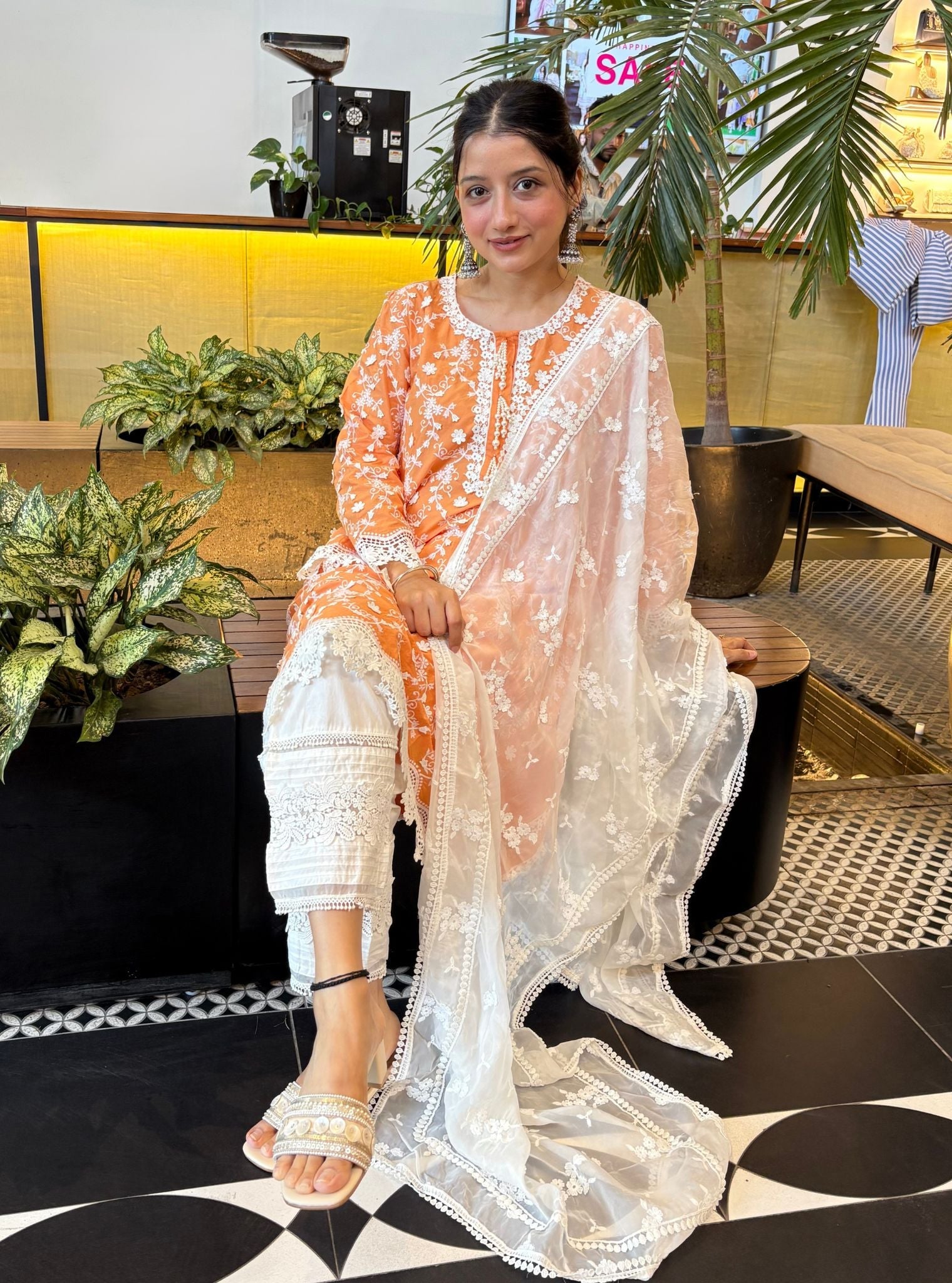 BayBreeze Supima Cotton Orange Kurta with New Pintuck White Pant Set