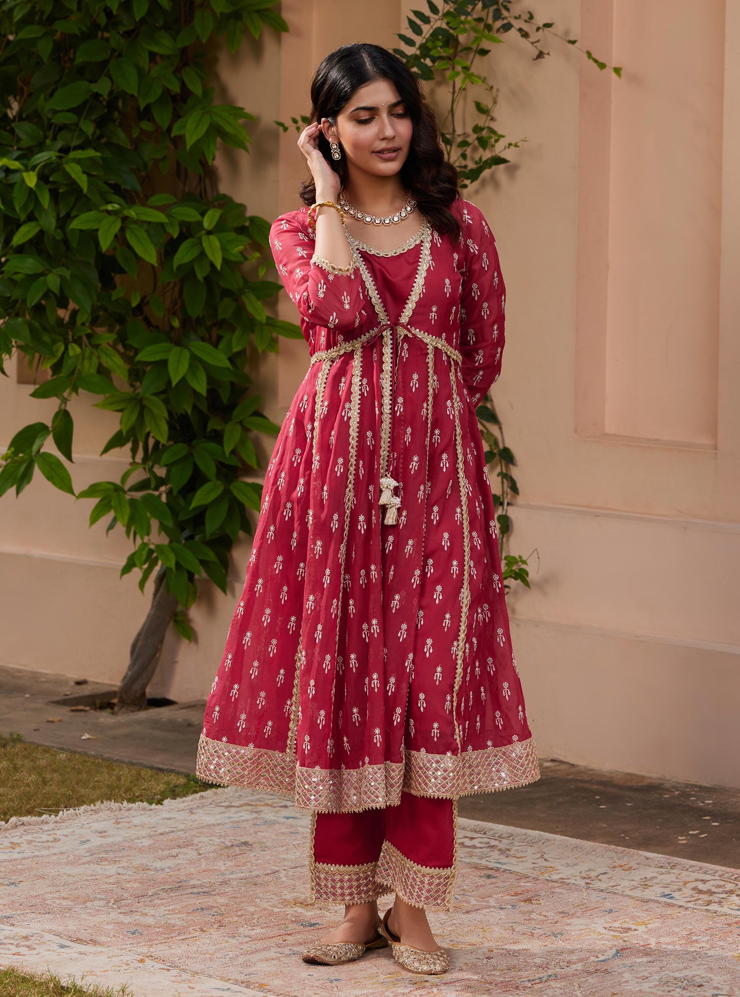 Mulmul Organza Samici Anarkali Red Kurta