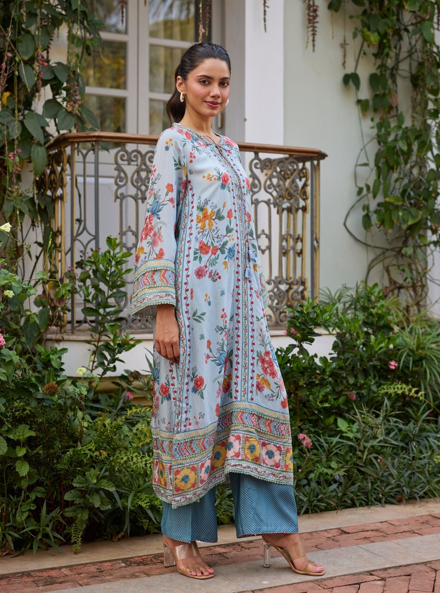 Erohi Lawn Blue Long Co-ord Set