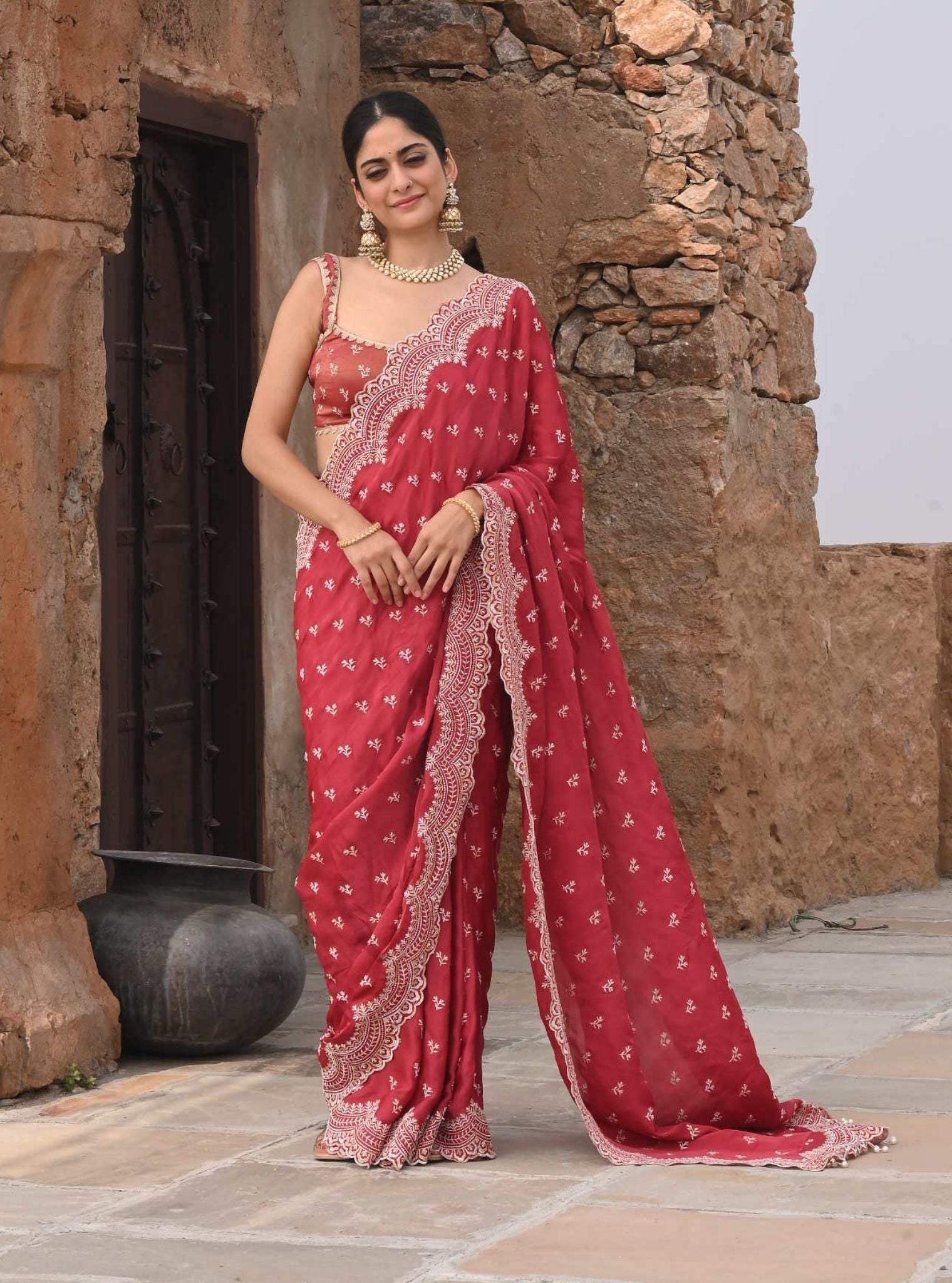 Bindiya Organza Satin Red Saree