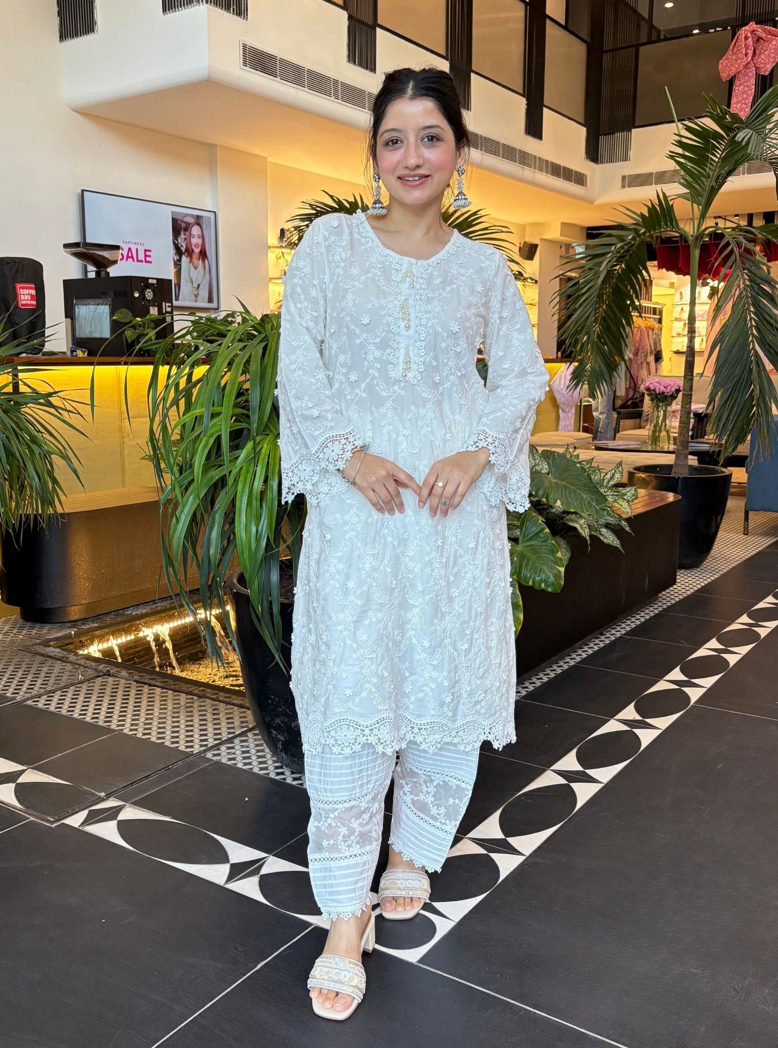 BayBreeze Supima Cotton White Kurta with Floral Organza Panelled White Salwar Set