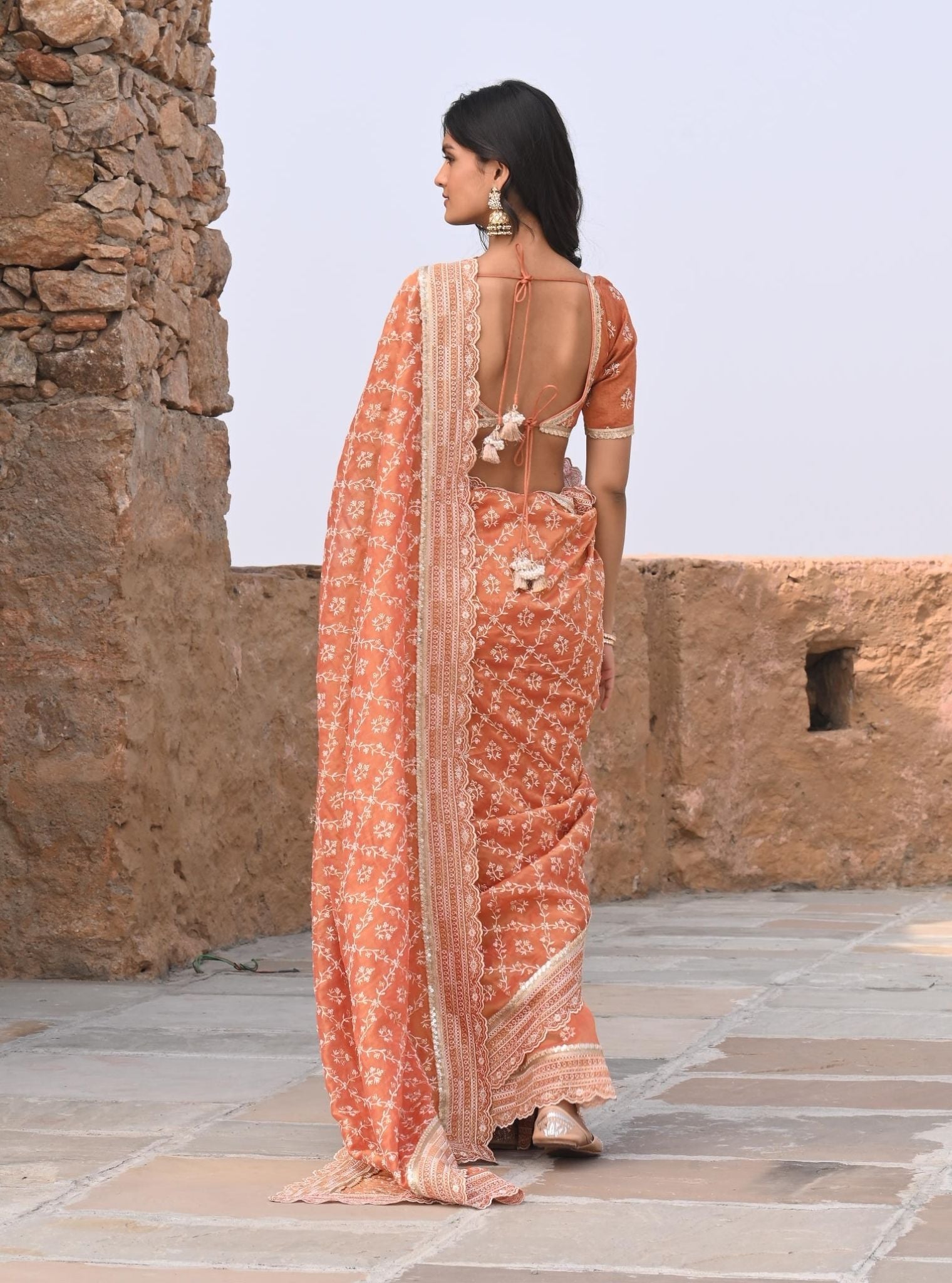 Mehram Luxe Tissue Burnt Orange Saree