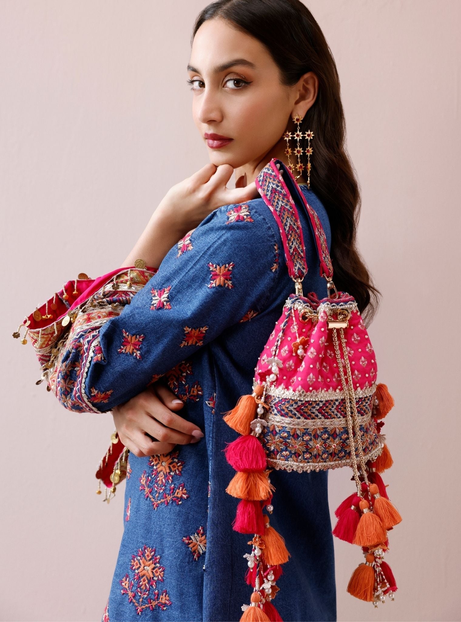 Hibiscus Fushia Denim Potli Bag