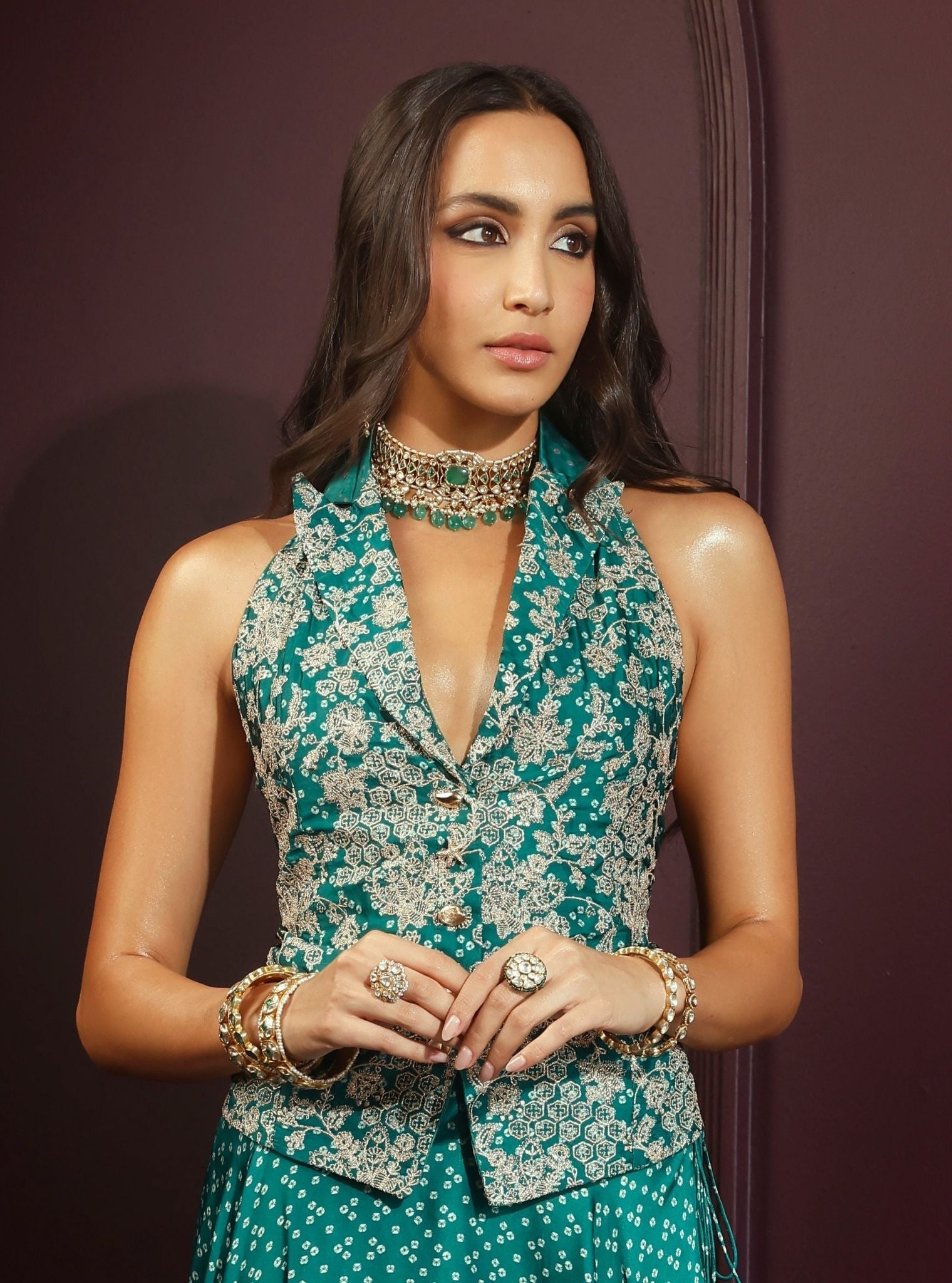 Kuhu Cupro Satin Printed Emerald Green Waistcoat with Skirt