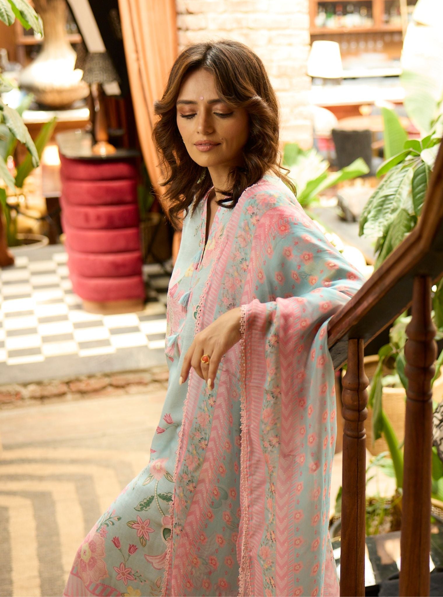 Mulmul Printed Linen Pia Blue Kurta With Mulmul Printed Linen Pia Blue Pant