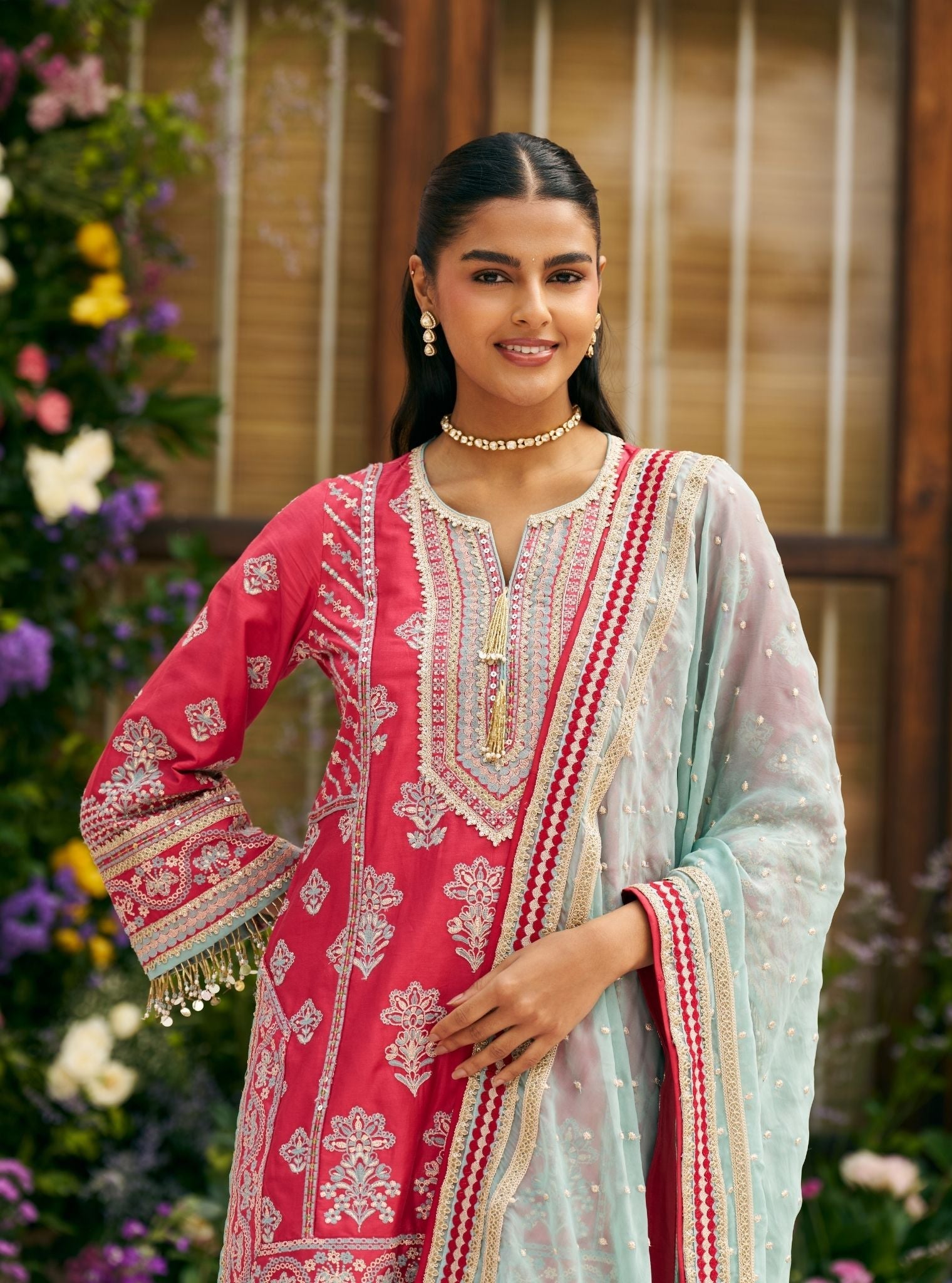 Khumari Pima Satin Red Kurta Set