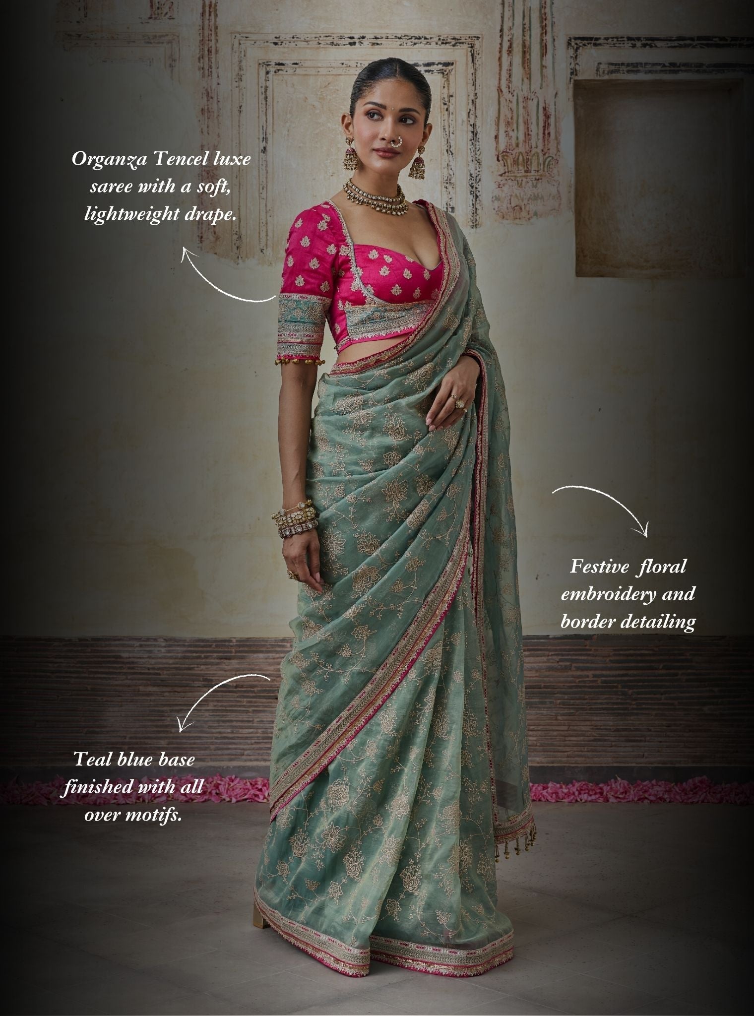 Parthi Lurex Organza Teal Blue Saree